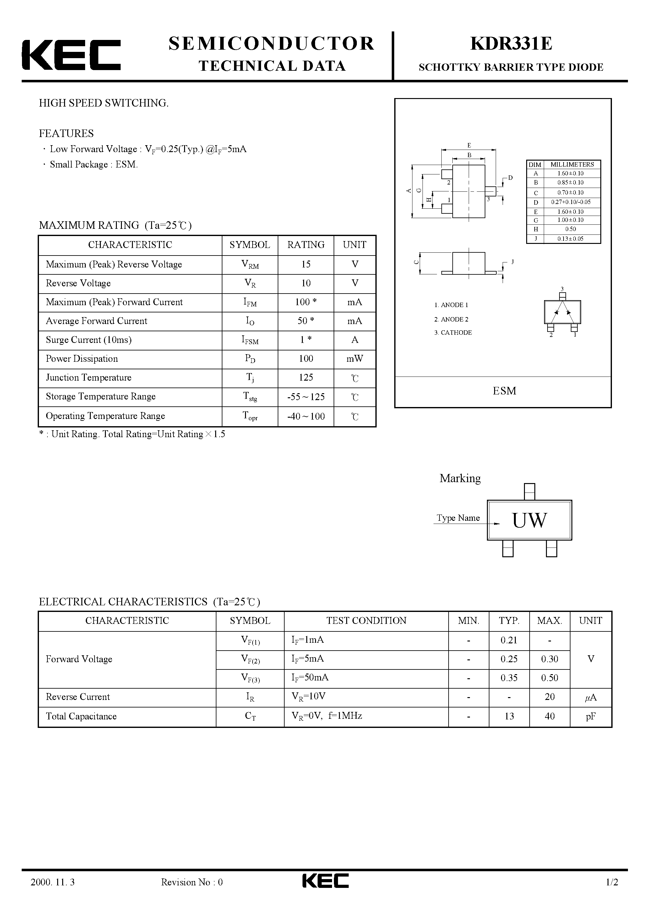 Datasheet KDR331E - SCHOTTKY BARRIER TYPE DIODE(HIGH SPEED SWITCHING) page 1