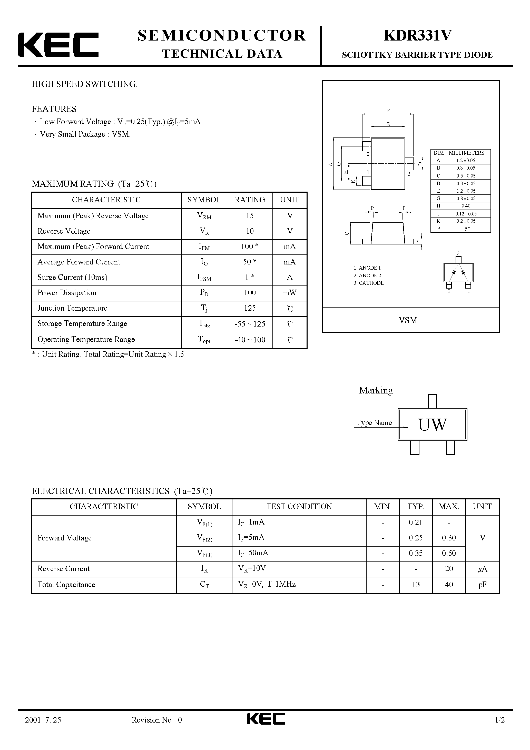 Datasheet KDR331V - SCHOTTKY BARRIER TYPE DIODE(HIGH SPEED SWITCHING) page 1