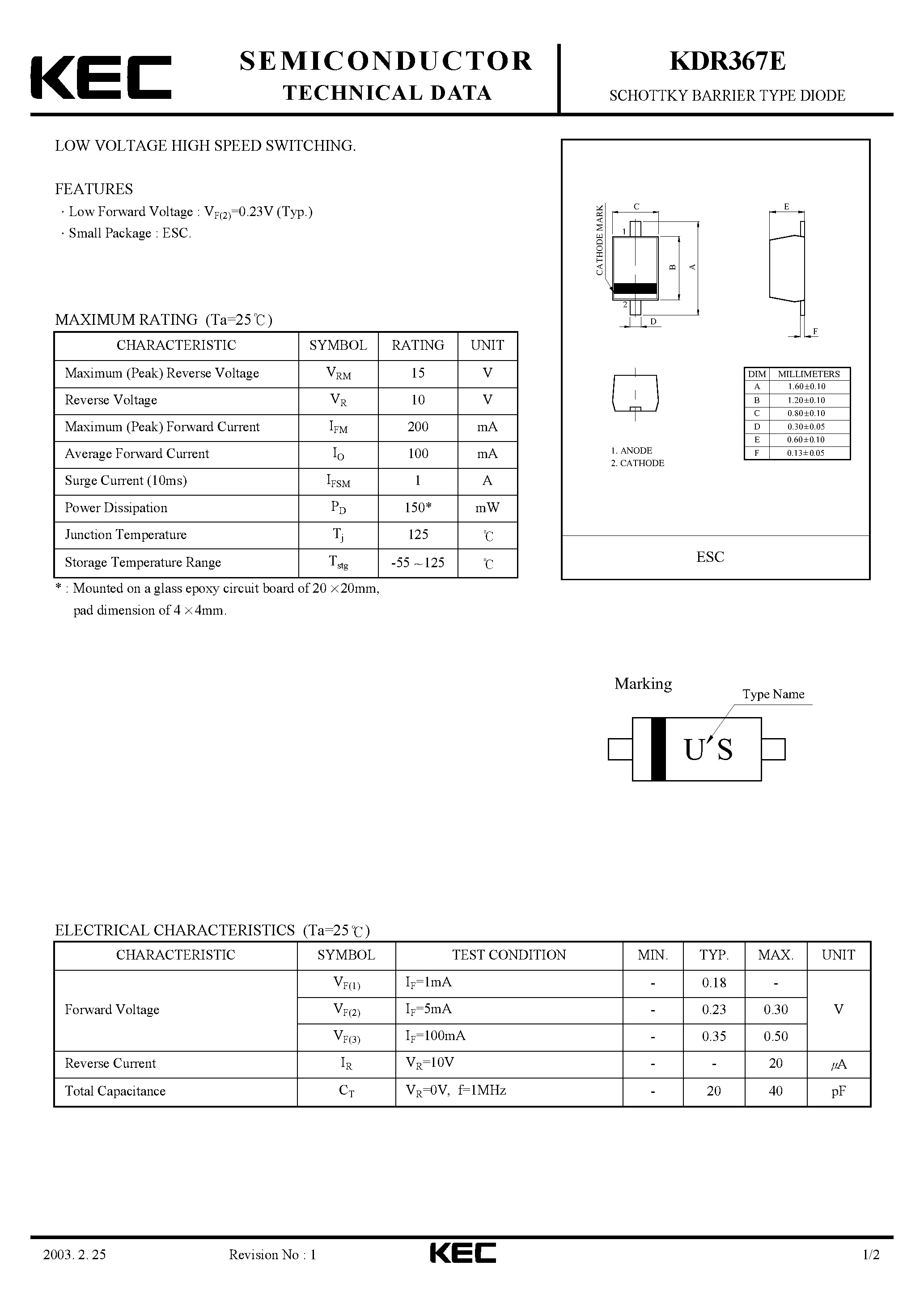 Datasheet KDR367E - SCHOTTKY BARRIER TYPE DIODE(LOW VOLTAGE HIGH SPEED SWITCHING) page 1