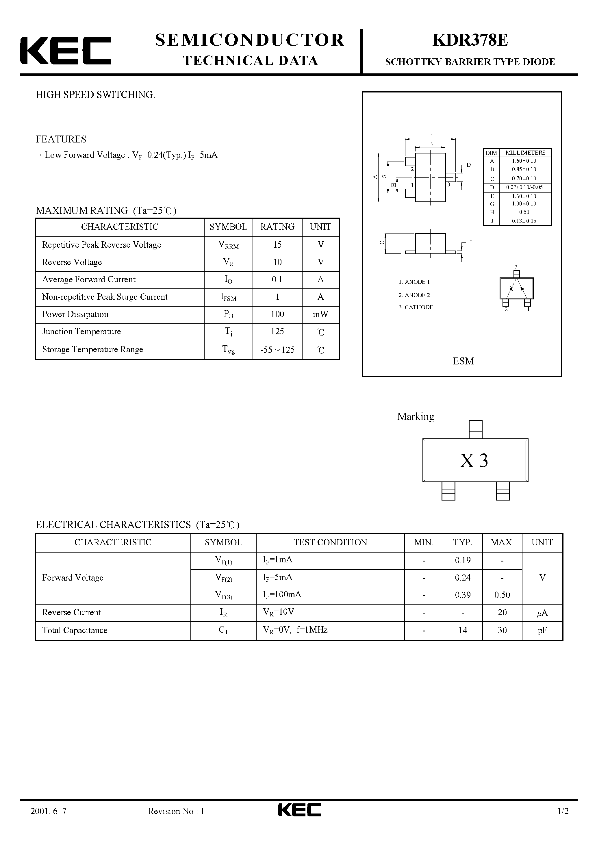 Datasheet KDR378E - SCHOTTKY BARRIER TYPE DIODE(HIGH SPEED SWITCHING) page 1