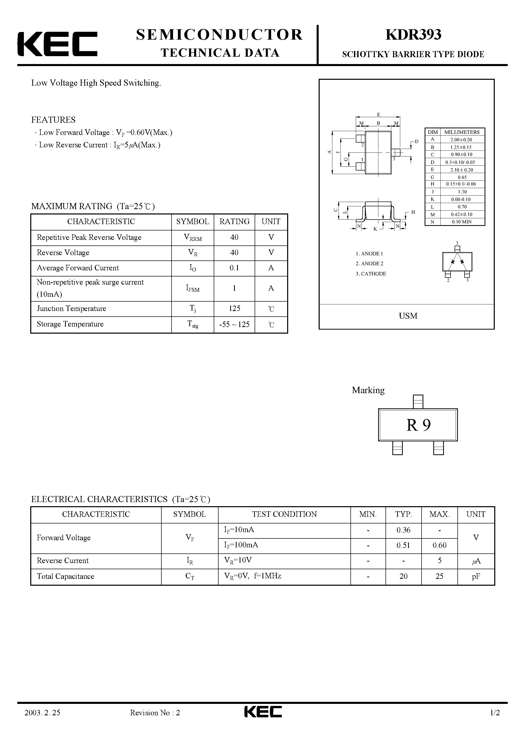 Datasheet KDR393 - SCHOTTKY BARRIER TYPE DIODE(LOW VOLTAGE HIGH SPEED SWITCHING) page 1