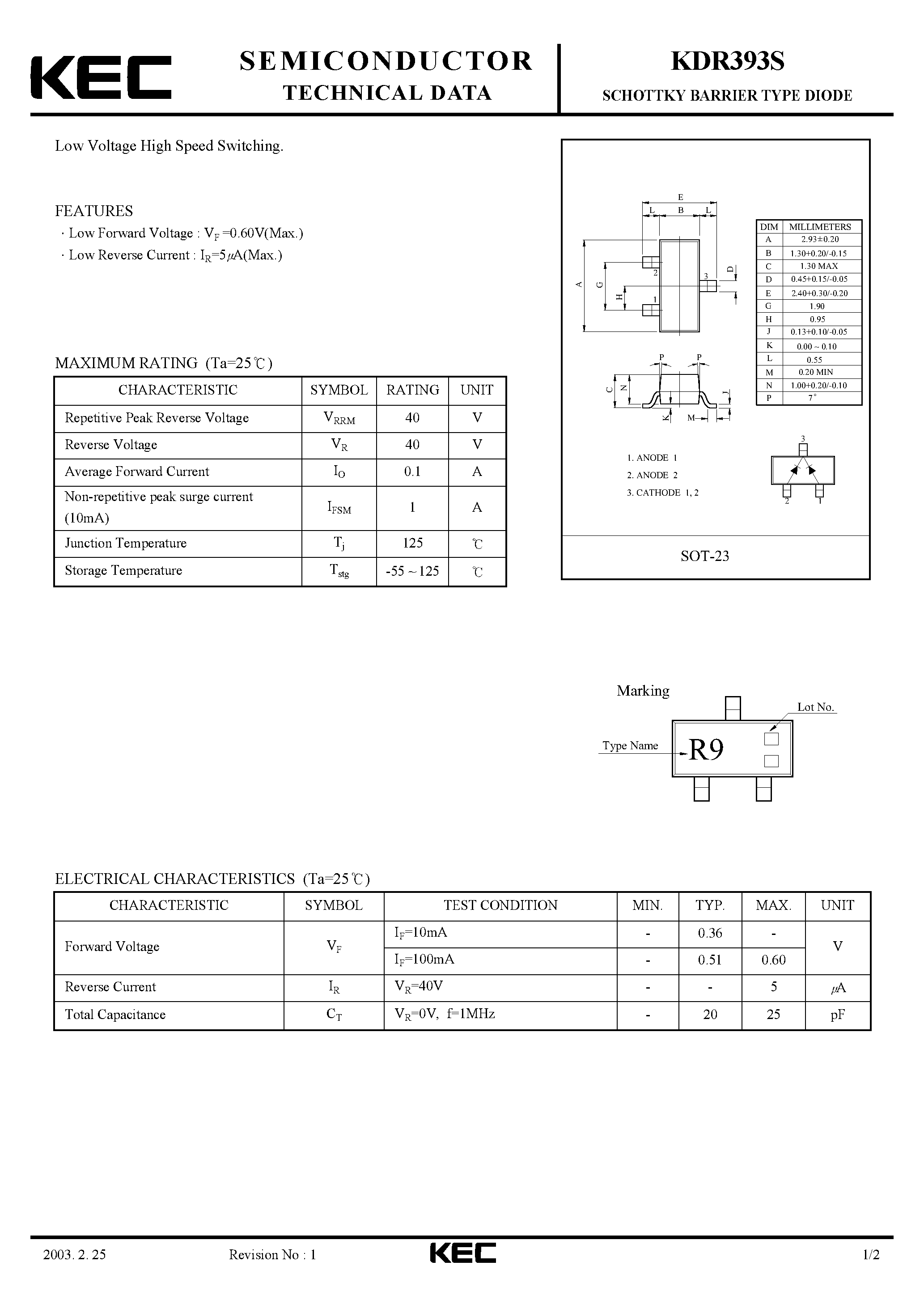 Datasheet KDR393S - SCHOTTKY BARRIER TYPE DIODE(LOW VOLTAGE HIGH SPEED SWITCHING) page 1