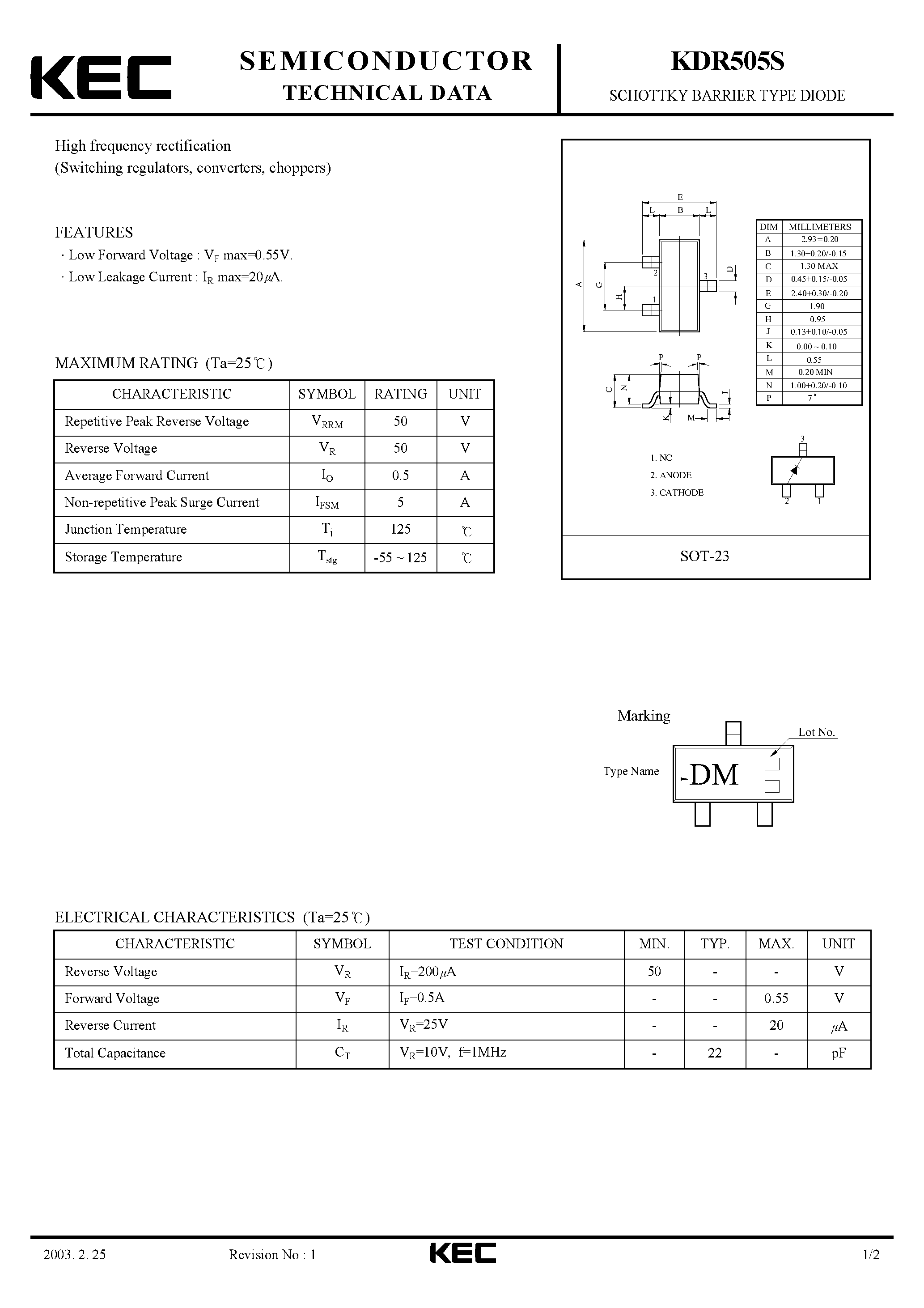 Datasheet KDR505S - SCHOTTKY BARRIER TYPE DIODE(HIGH FREQUENCY RECTIFICATION) page 1