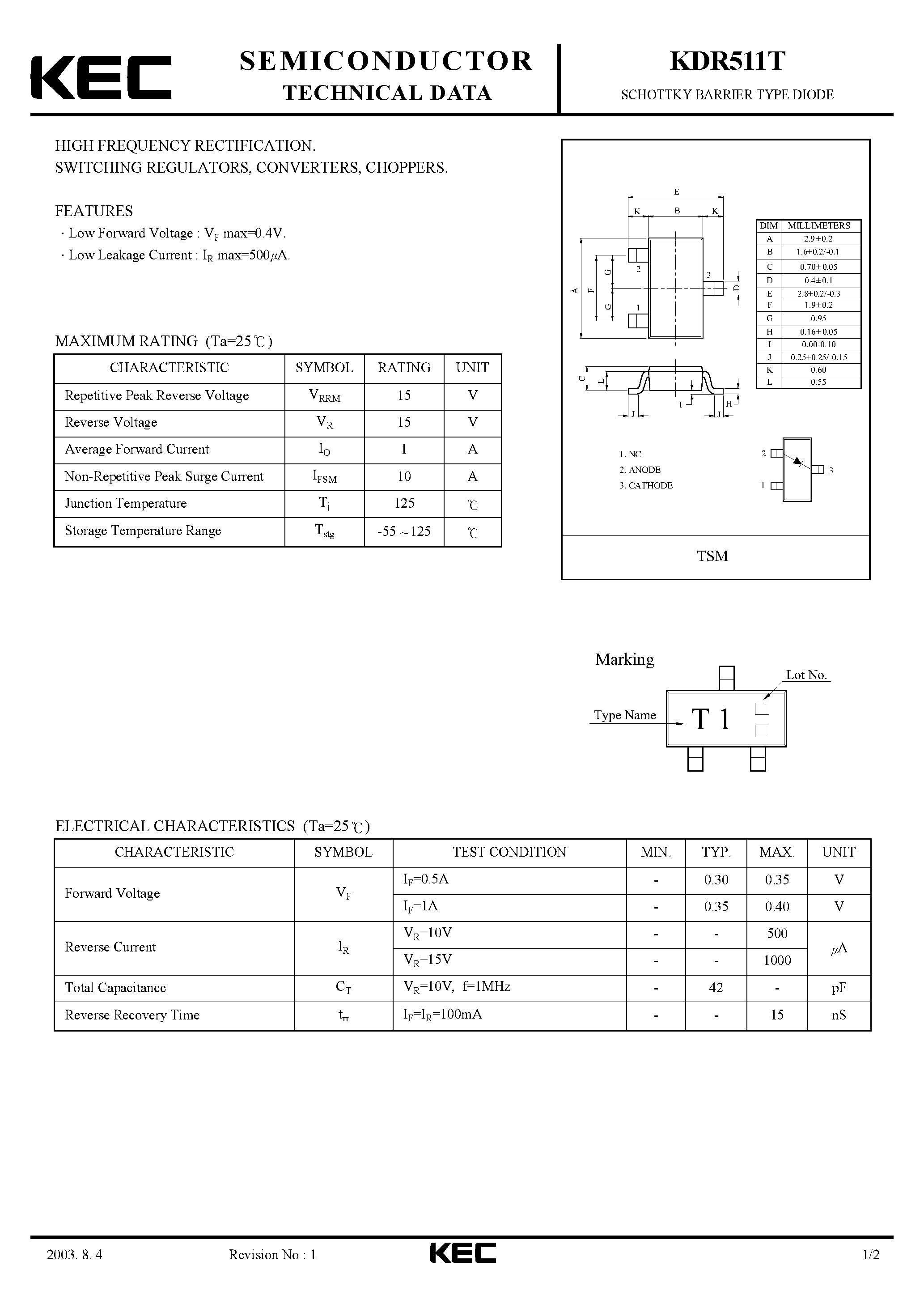Datasheet KDR511T - SCHOTTKY BARRIER TYPE DIODE(HIGH FREQUENCY RECTIFICATION/ SWITCHING/ REGULATORS/ CONVERTERS/ CHOPPERS) page 1
