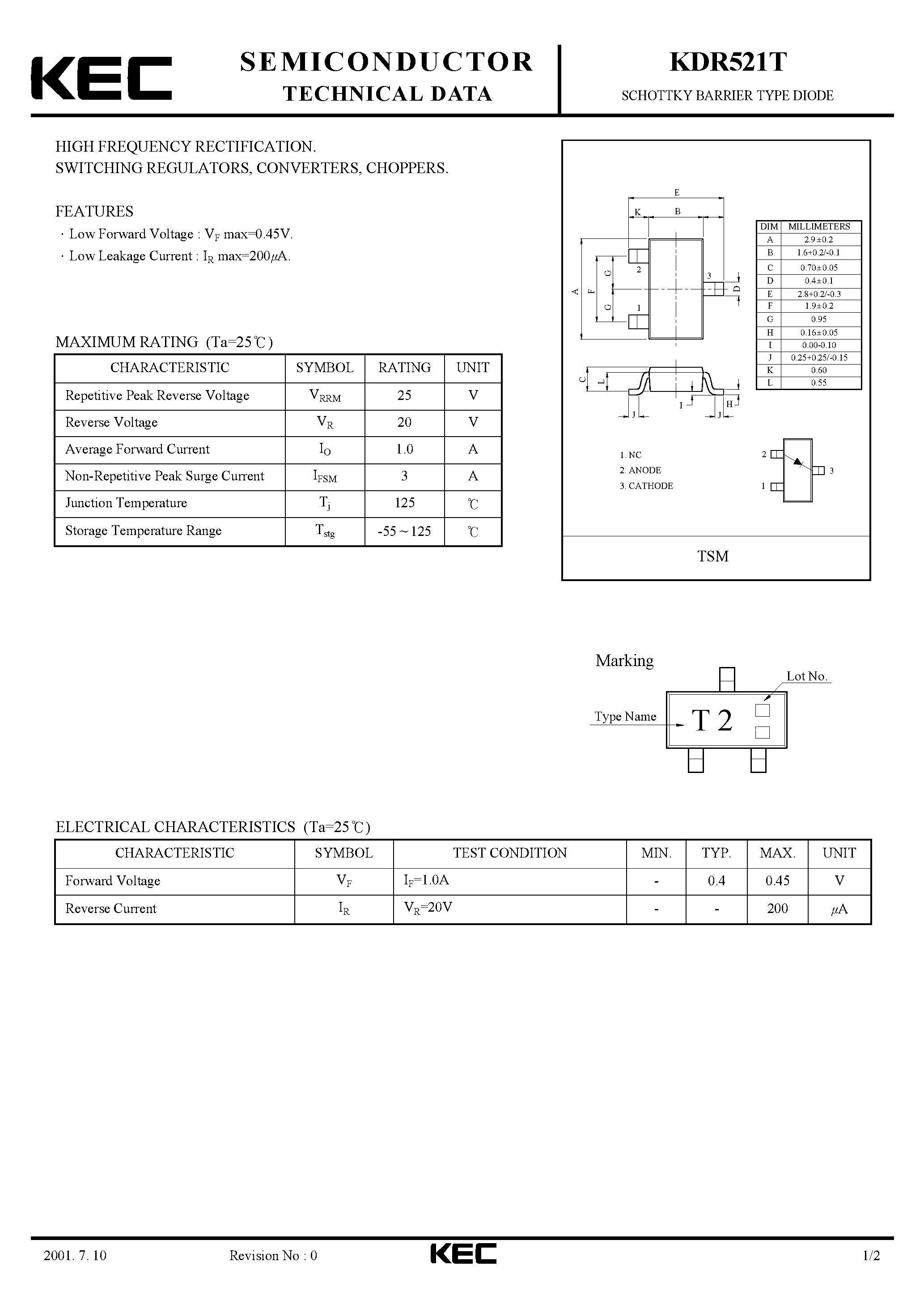 Datasheet KDR521T - SCHOTTKY BARRIER TYPE DIODE(HIGH FREQUENCY RECTIFICATION/ SWITCHING/ REGULATORS/ CONVERTERS/ CHOPPERS) page 1