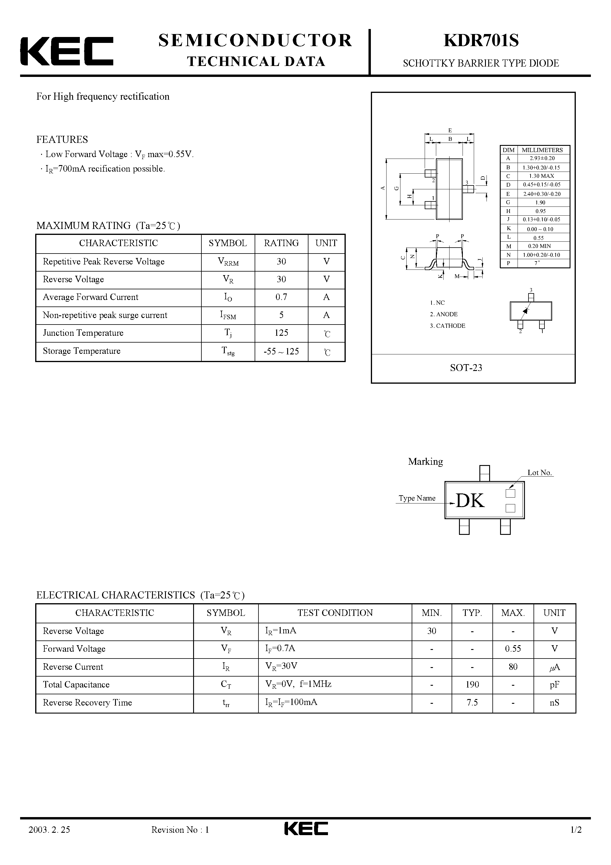 Даташит KDR701S - SCHOTTKY BARRIER TYPE DIODE(FOR HIGH FREQUENCY RECTIFICATION) страница 1