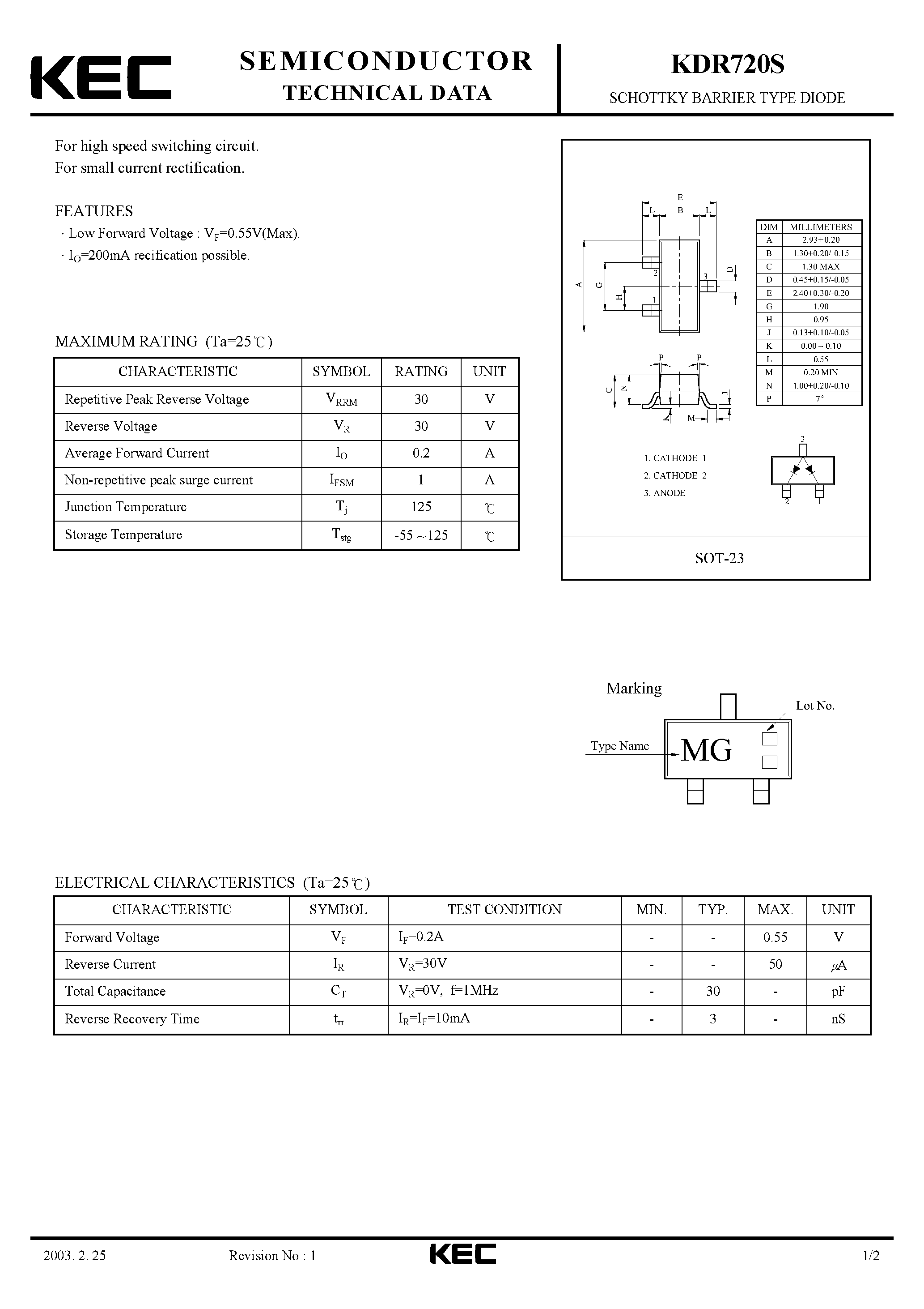Datasheet KDR720S - SCHOTTKY BARRIER TYPE DIODE(FOR HIGH SPEED SWITCHING CIRCUIT/ FOR SMALL CURRENT RECTIFICATION) page 1