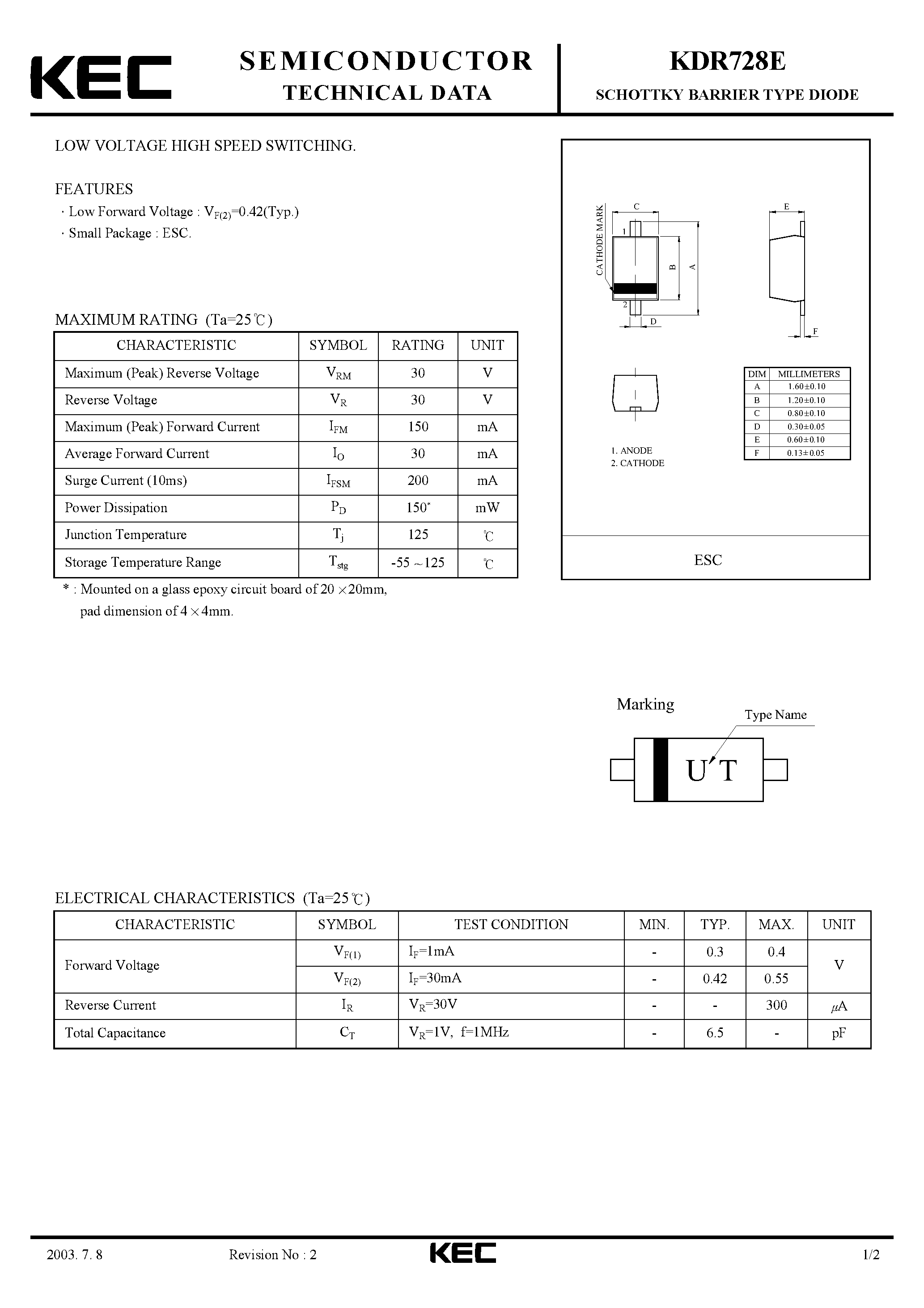 Datasheet KDR728E - SCHOTTKY BARRIER TYPE DIODE(LOW VOLTAGE HIGH SPEED SWITCHING) page 1