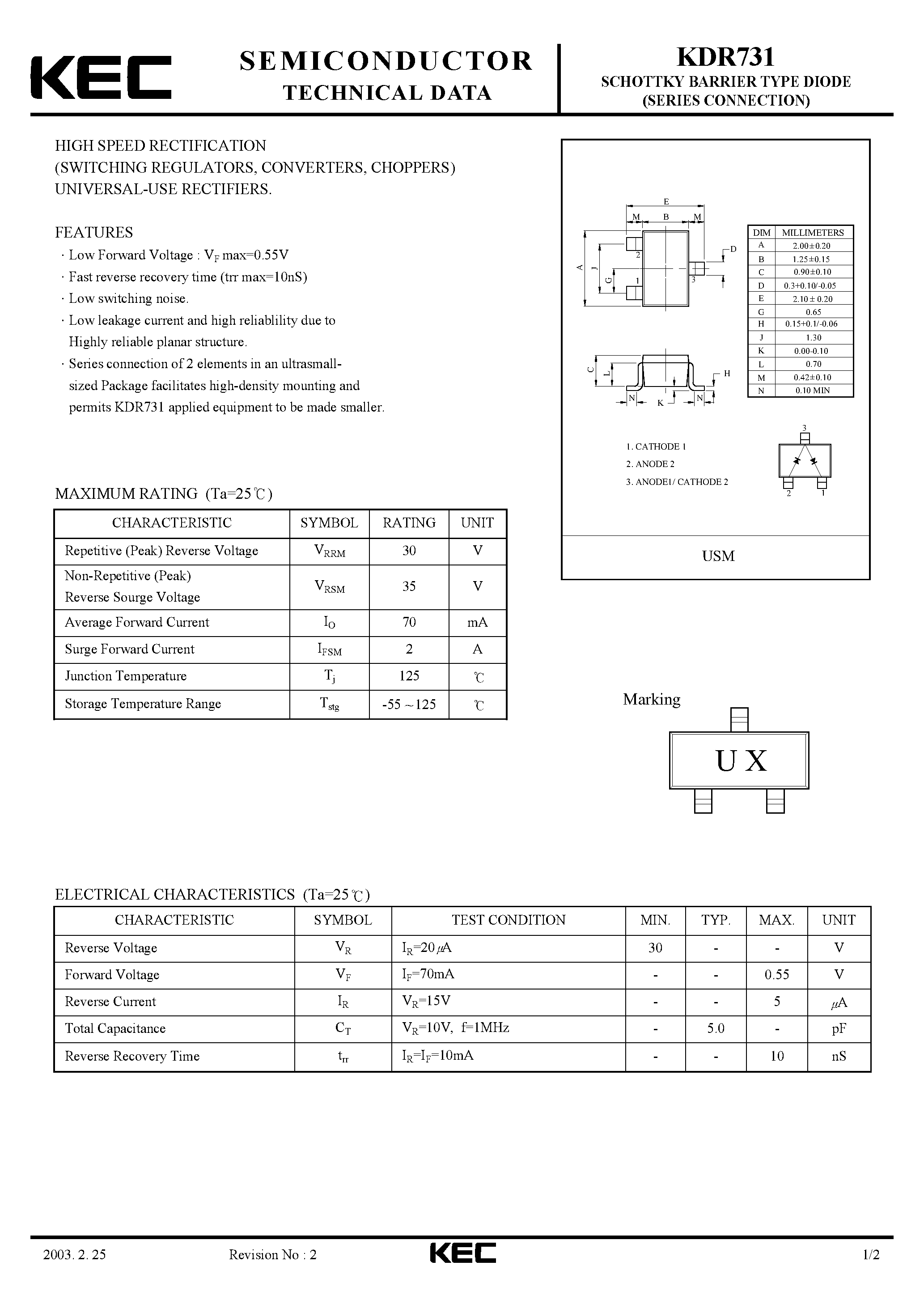 Datasheet KDR731 - SCHOTTKY BARRIER TYPE DIODE (SERIES CONNECTION) page 1