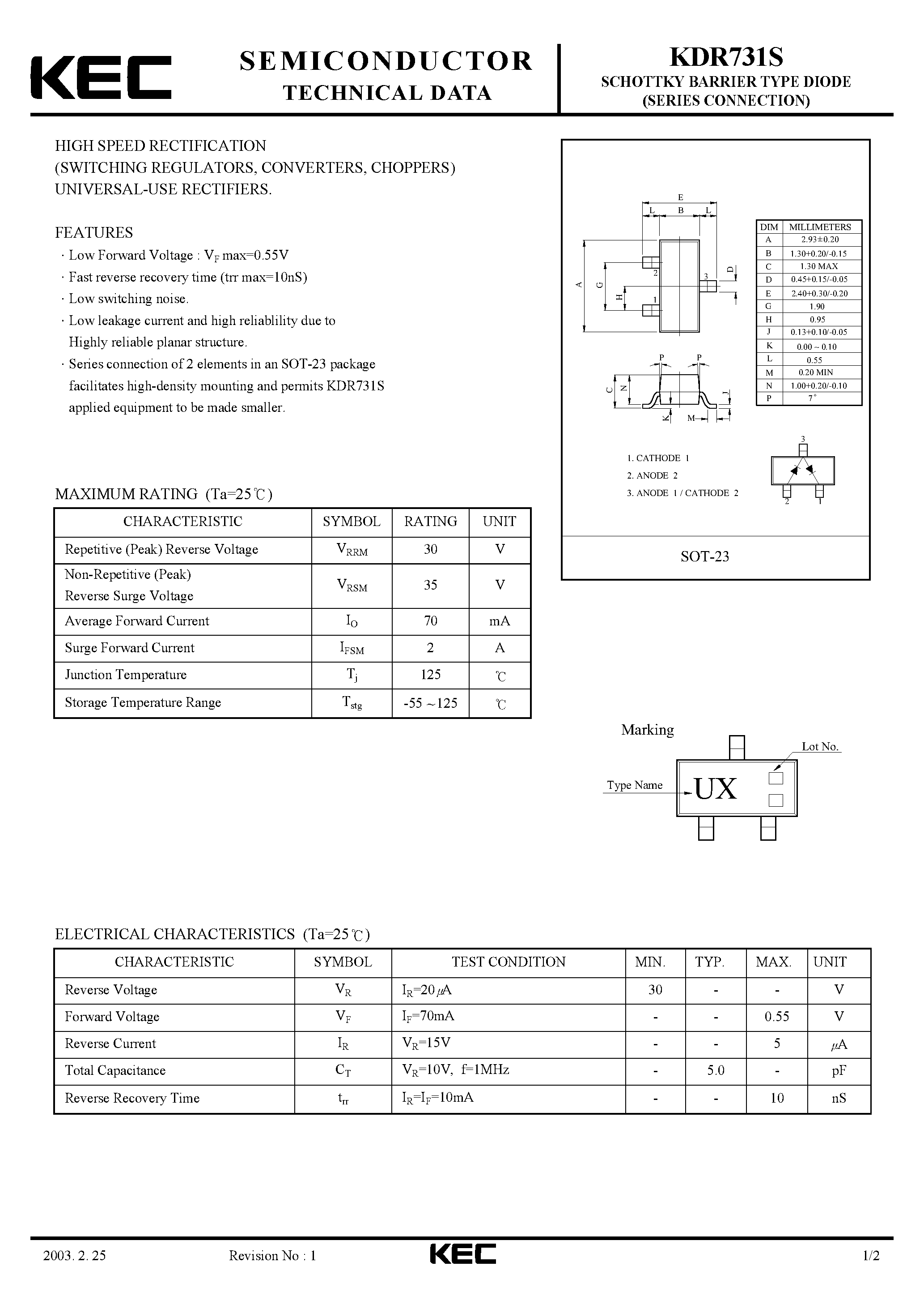 Datasheet KDR731S - SCHOTTKY BARRIER TYPE DIODE(SERIES CONNECTION) page 1