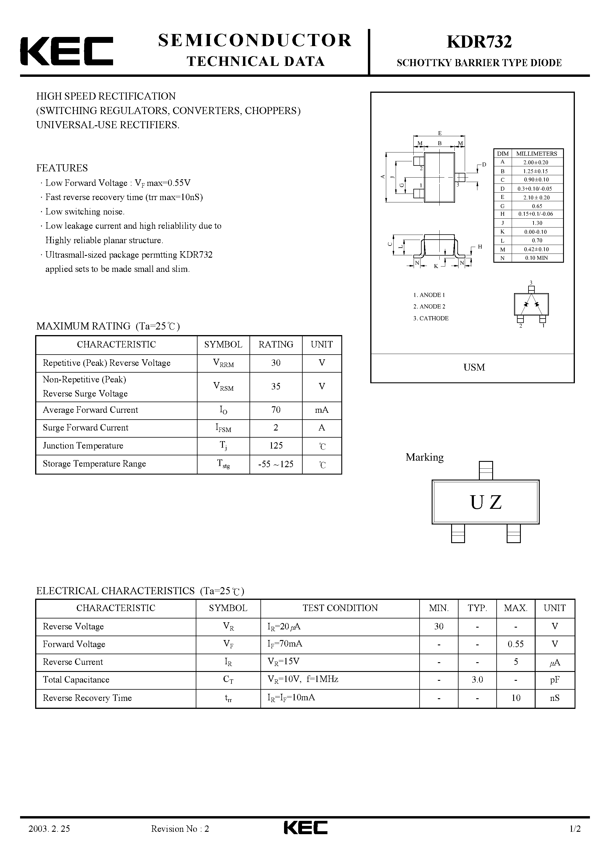 Datasheet KDR732 - SCHOTTKY BARRIER TYPE DIODE(HIGH SPEED RECTIFICATION) page 1