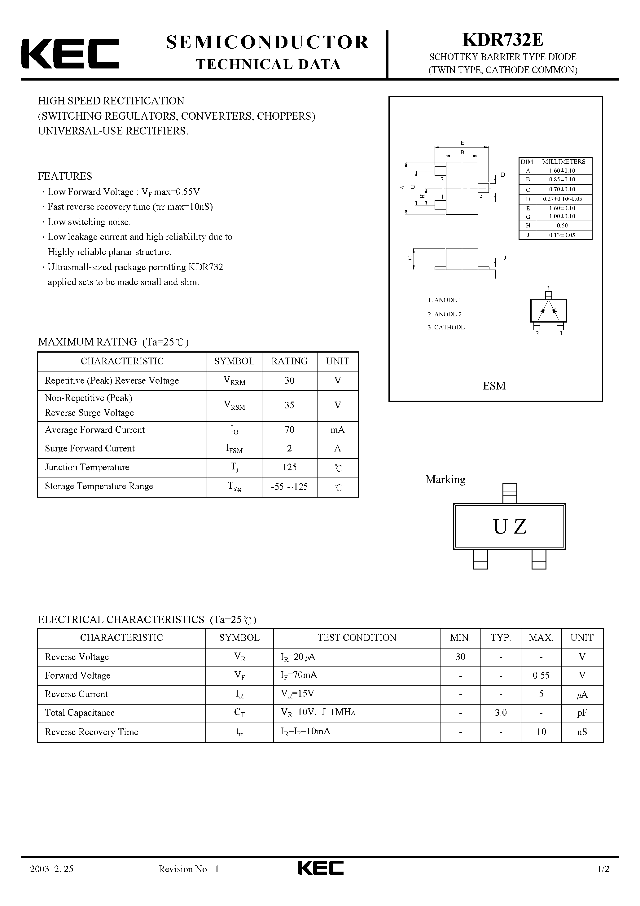 Datasheet KDR732E - SCHOTTKY BARRIER TYPE DIODE (TWIN TYPE/ CATHODE COMMON) page 1