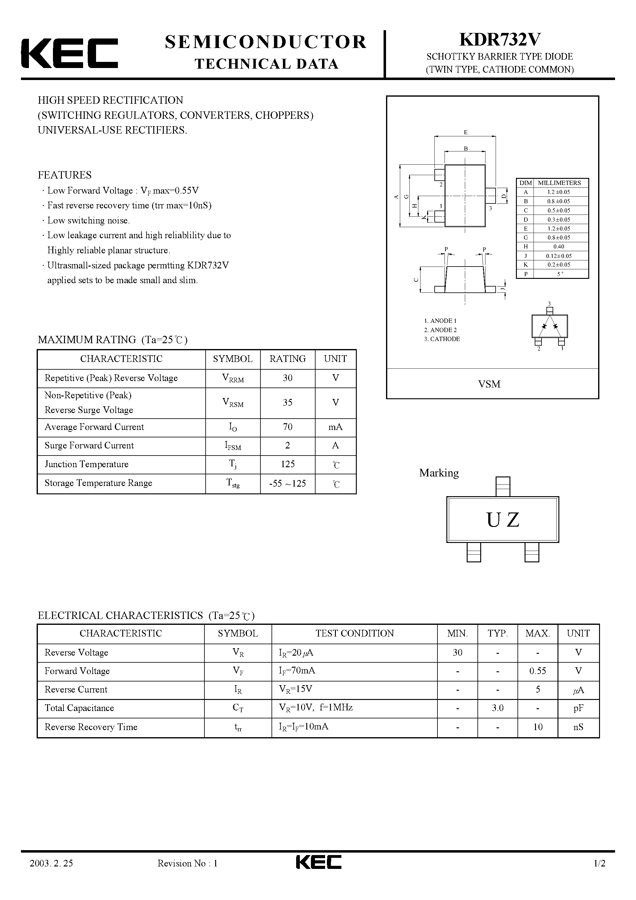 Datasheet KDR732V - SCHOTTKY BARRIER TYPE DIODE (TWIN TYPE/ CATHODE COMMON) page 1