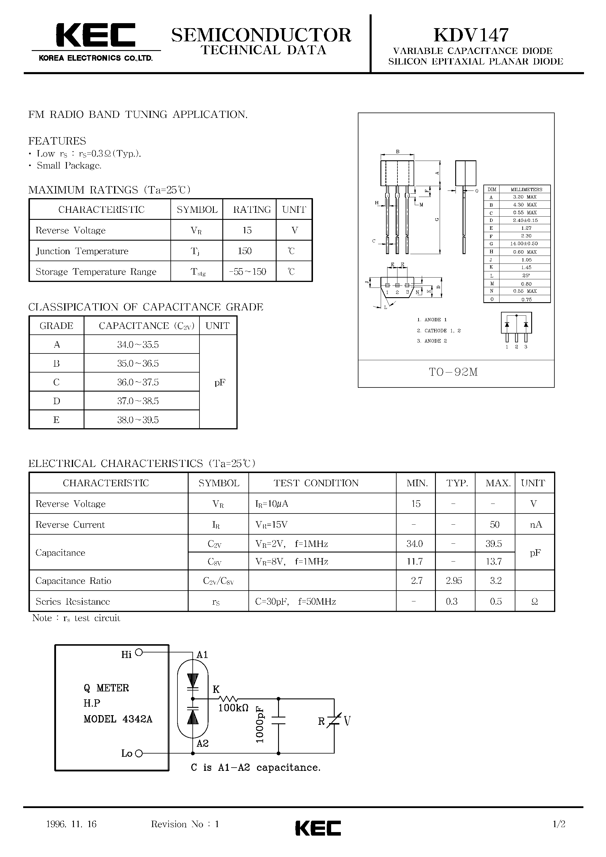 Datasheet KDV147 - VARIABLE CAPACITANCE DIODE SILICON EPITAXIAL PLANAR DIODE(FM RADIO BAND TUNING page 1