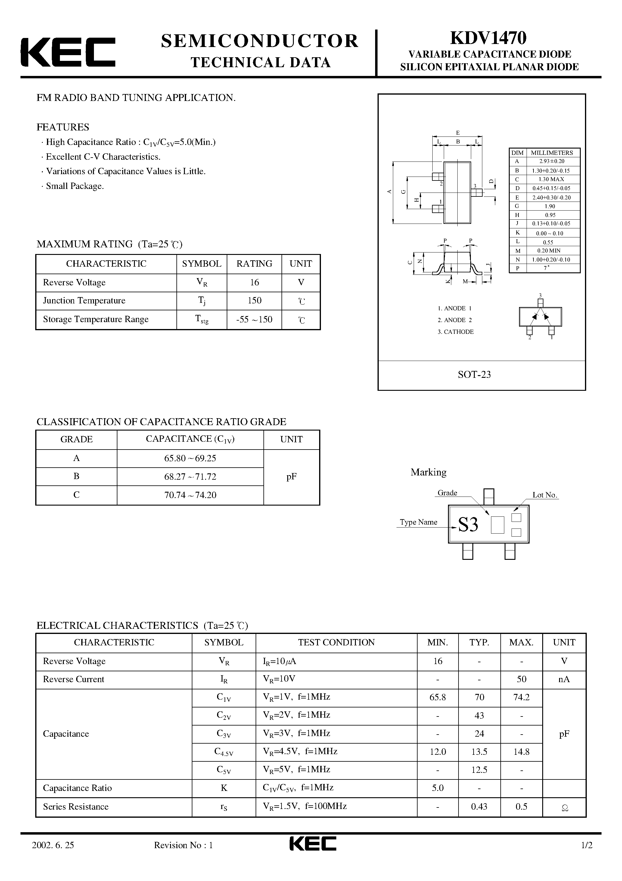 Datasheet KDV1470 - VARIABLE CAPACITANCE DIODE SILICON EPITAXIAL PLANAR DIODE page 1