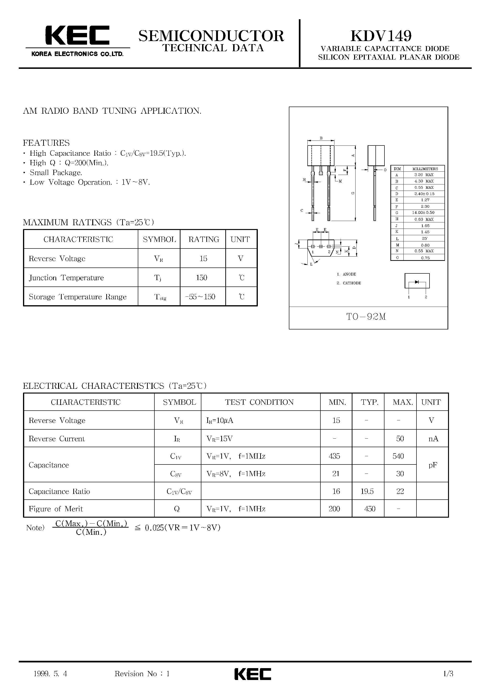 Даташит KDV149 - VARIABLE CAPACITANCE DIODE SILICON EPITAXIAL PLANAR DIODE(AM RADIO BAND TUNING) страница 1