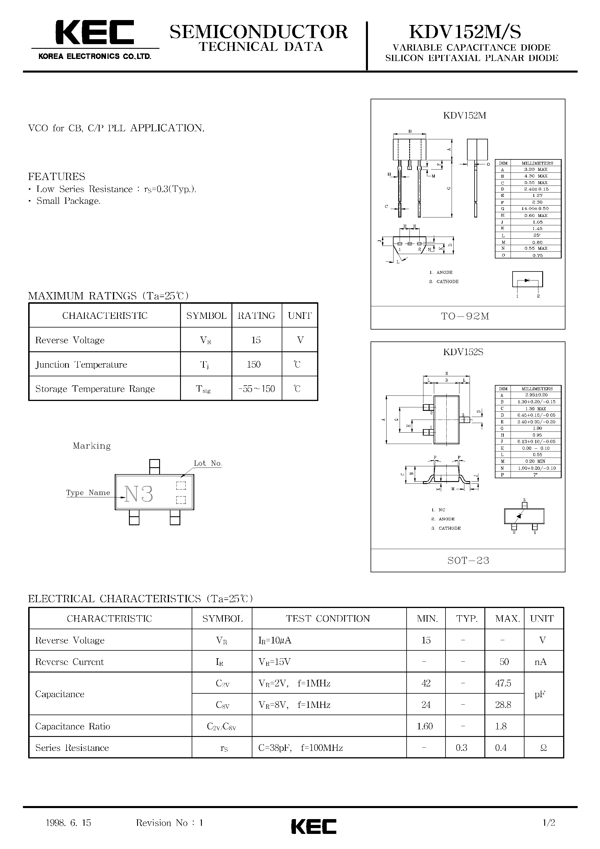 Datasheet KDV152 - VARIABLE CAPACITANCE DIODE SILICON EPITAXIAL PLANAR DIODE(VCO FOR CB/C/P PLL) page 1