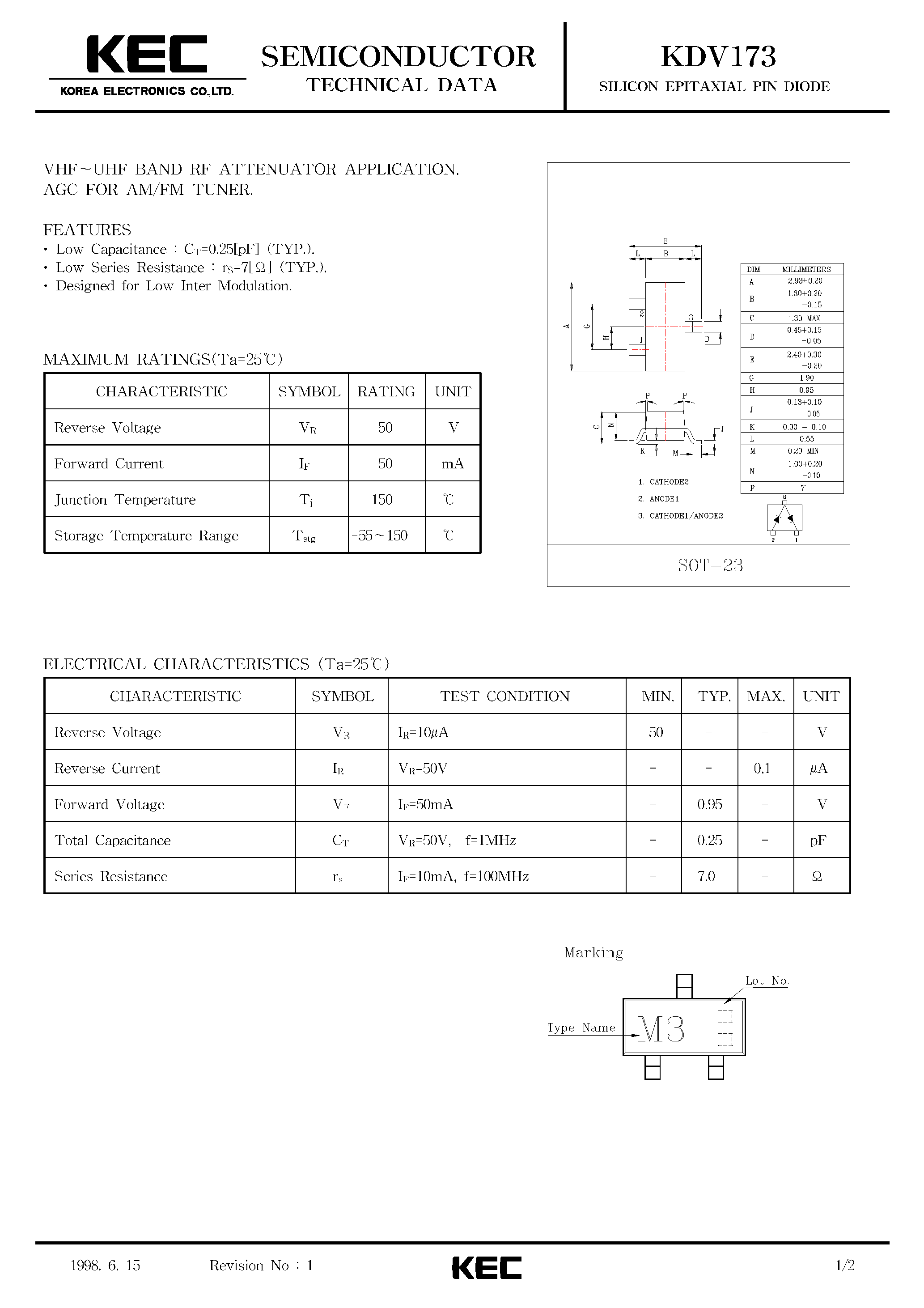 Datasheet KDV173 - SILICON EPITAXIAL PIN DIODE(VHF-UHF BAND RF ATTENUATOR APPLICATION/ AGC FOR AM/FM TUNER) page 1