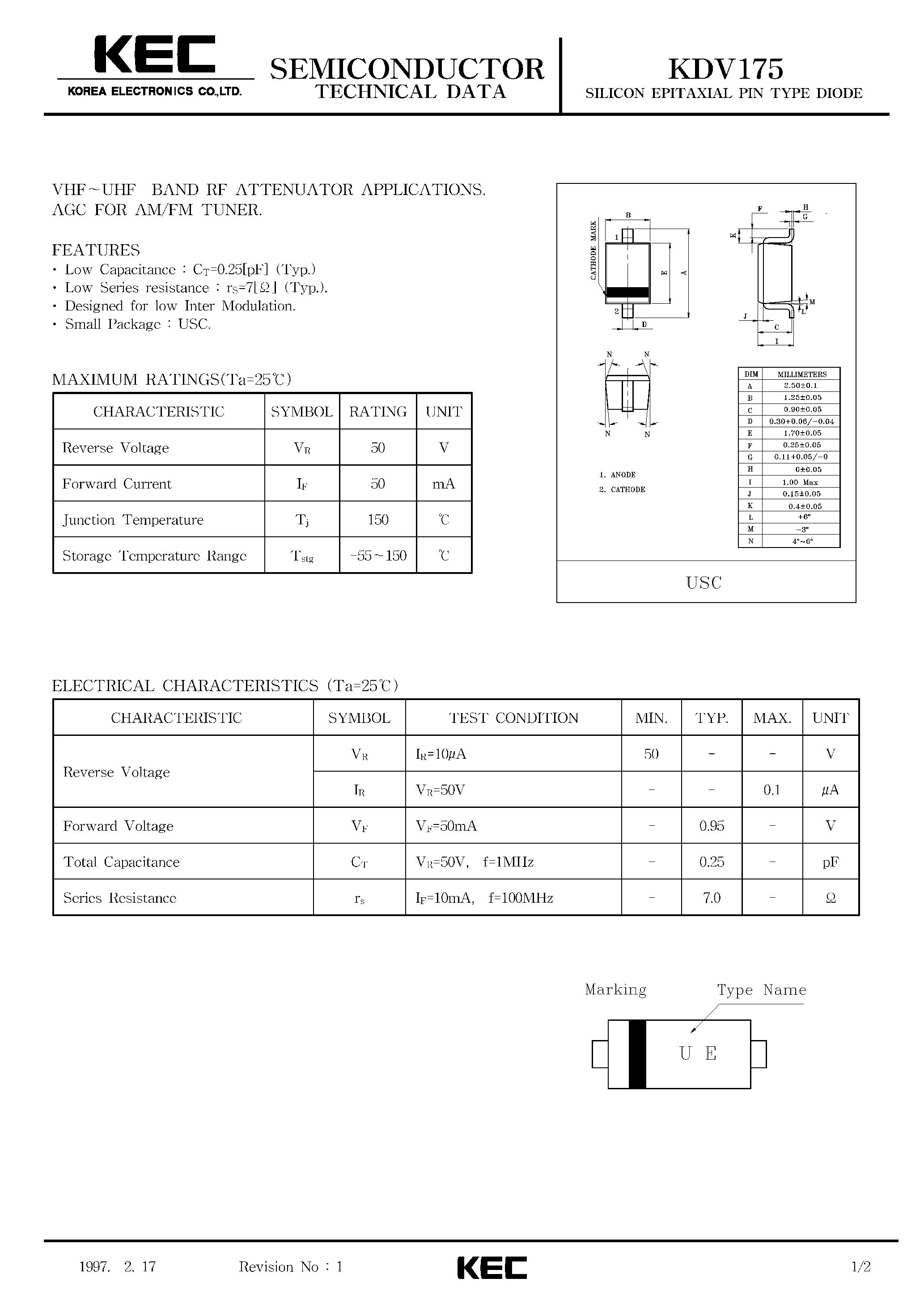 Datasheet KDV175 - SILICON EPITAXIAL PIN TYPE DIODE(VHF-UHF BAND RF ATTENUATOR / AGC FOR AM/FM TUNER) page 1