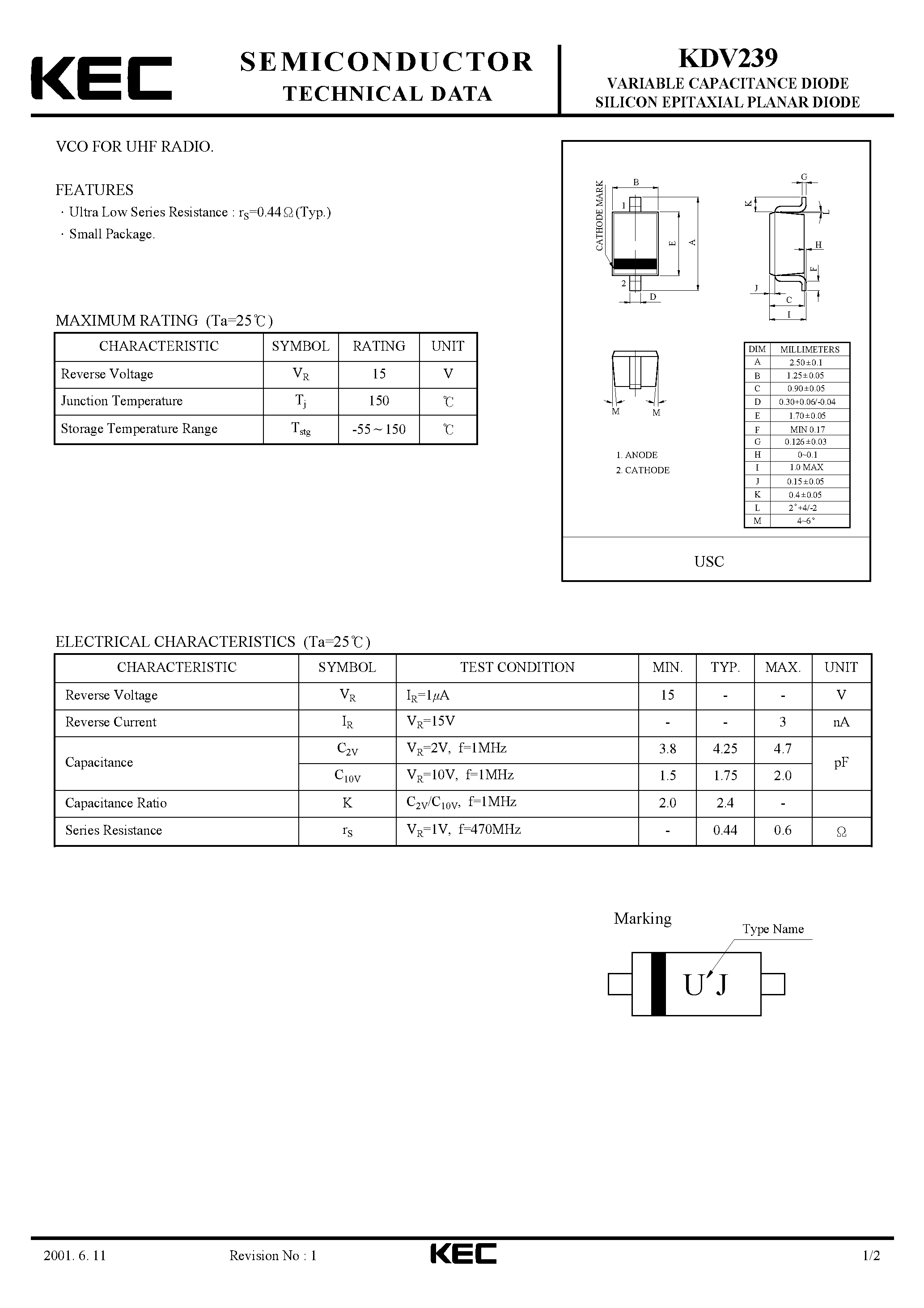 Datasheet KDV239 - VARIABLE CAPACITANCE DIODE SILICON EPITAXIAL PLANAR DIODE(VCO FOR UHF RADIO) page 1