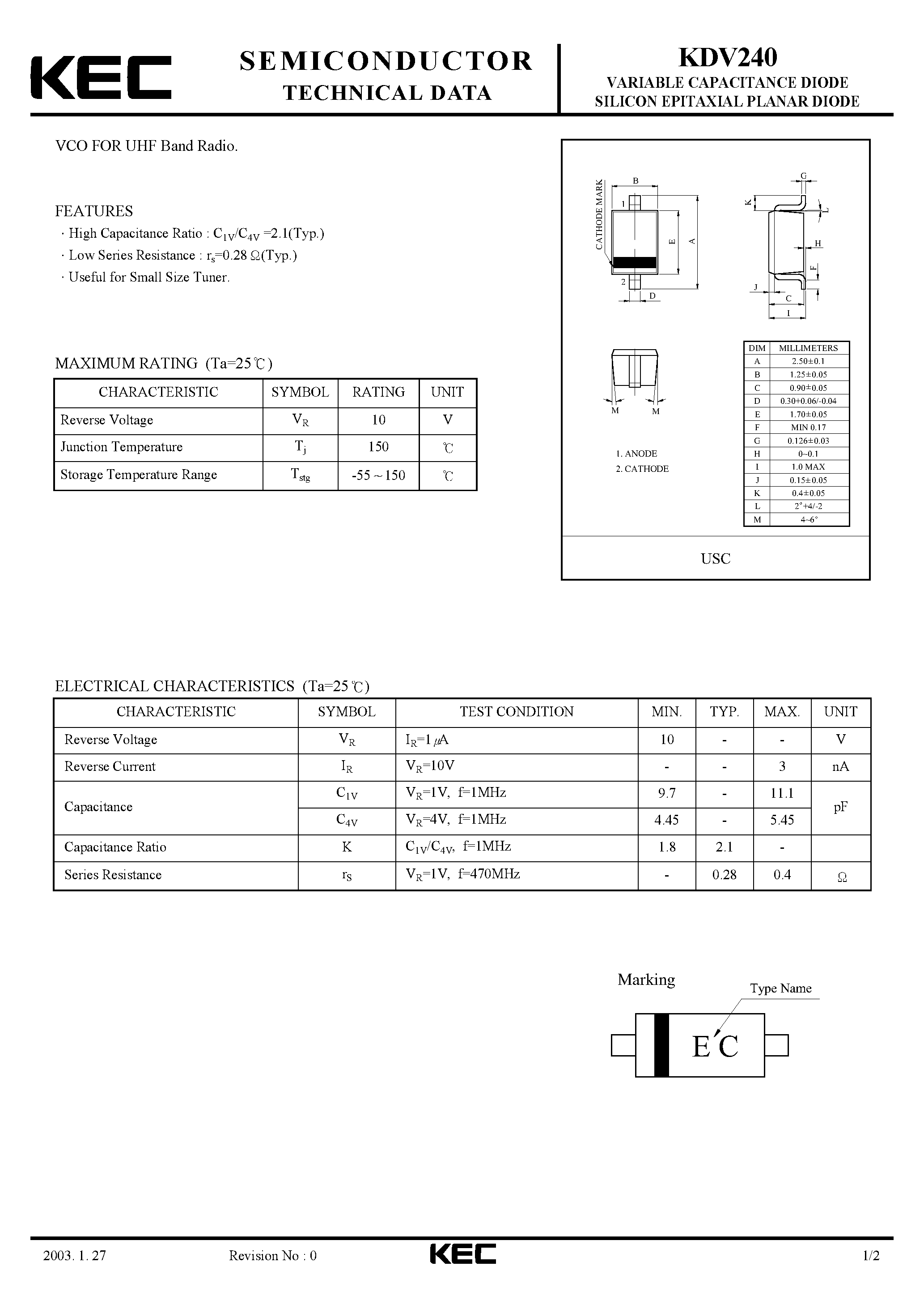 Datasheet KDV240 - VARIABLE CAPACITANCE DIODE SILICON EPITAXIAL PLANAR DIODE(VCO FOR UHF RADIO) page 1