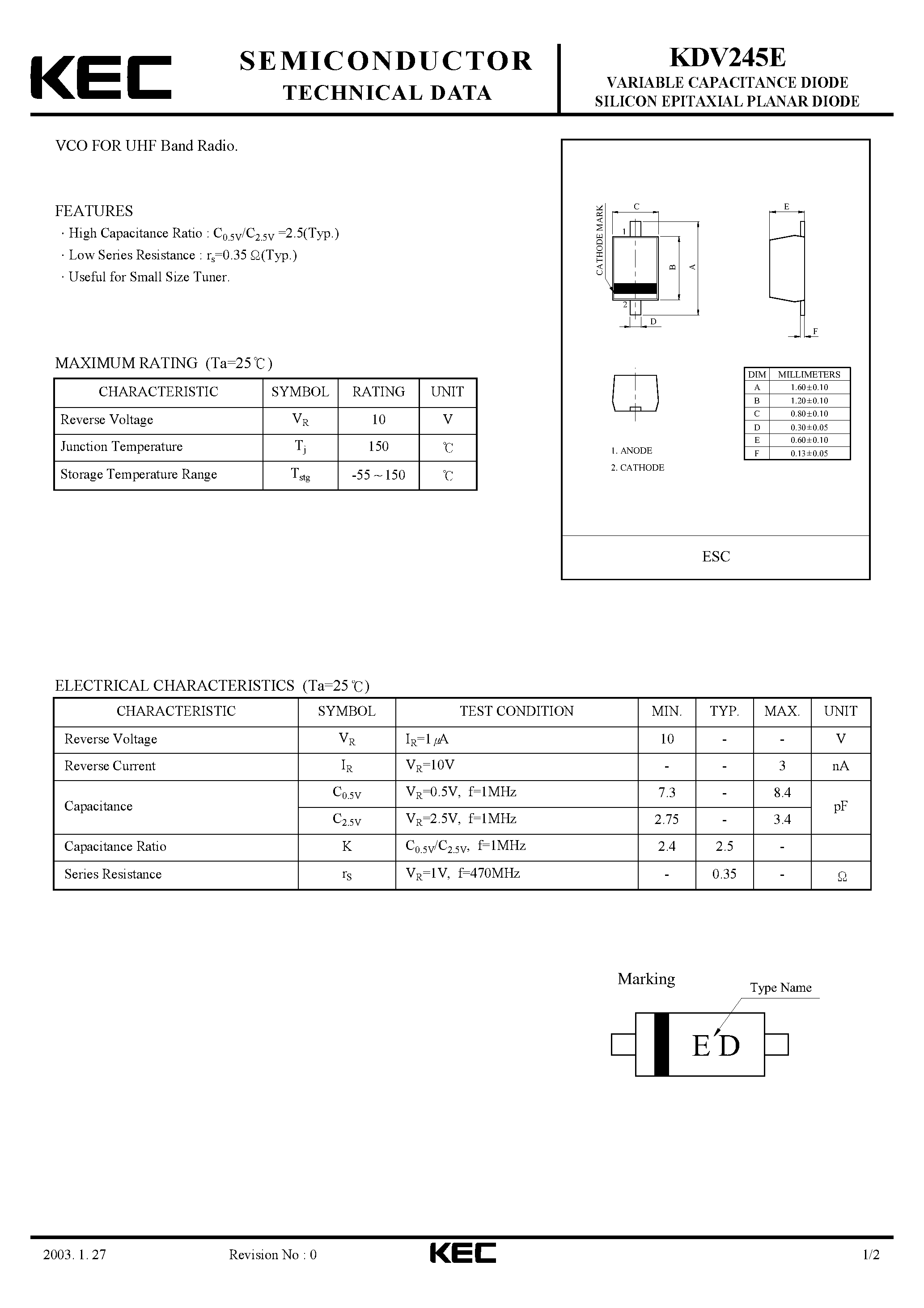 Datasheet KDV245E - VARIABLE CAPACITANCE DIODE SILICON EPITAXIAL PLANAR DIODE(VCO FOR UHF BAND RADIO) page 1