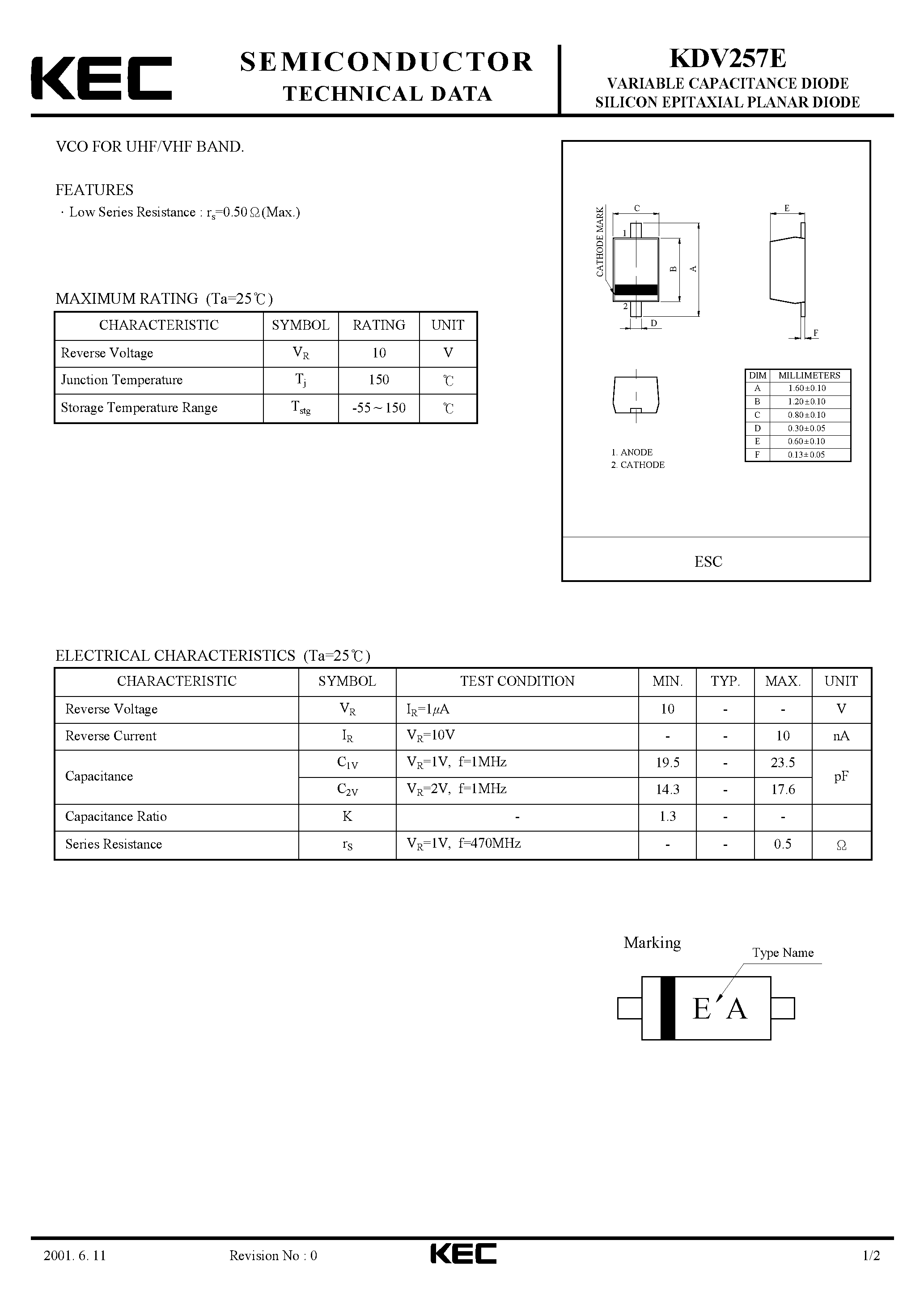 Datasheet KDV257E - VARIABLE CAPACITANCE DIODE SILICON EPITAXIAL PLANAR DIODE(VCO FOR UHF/VHF BAND) page 1