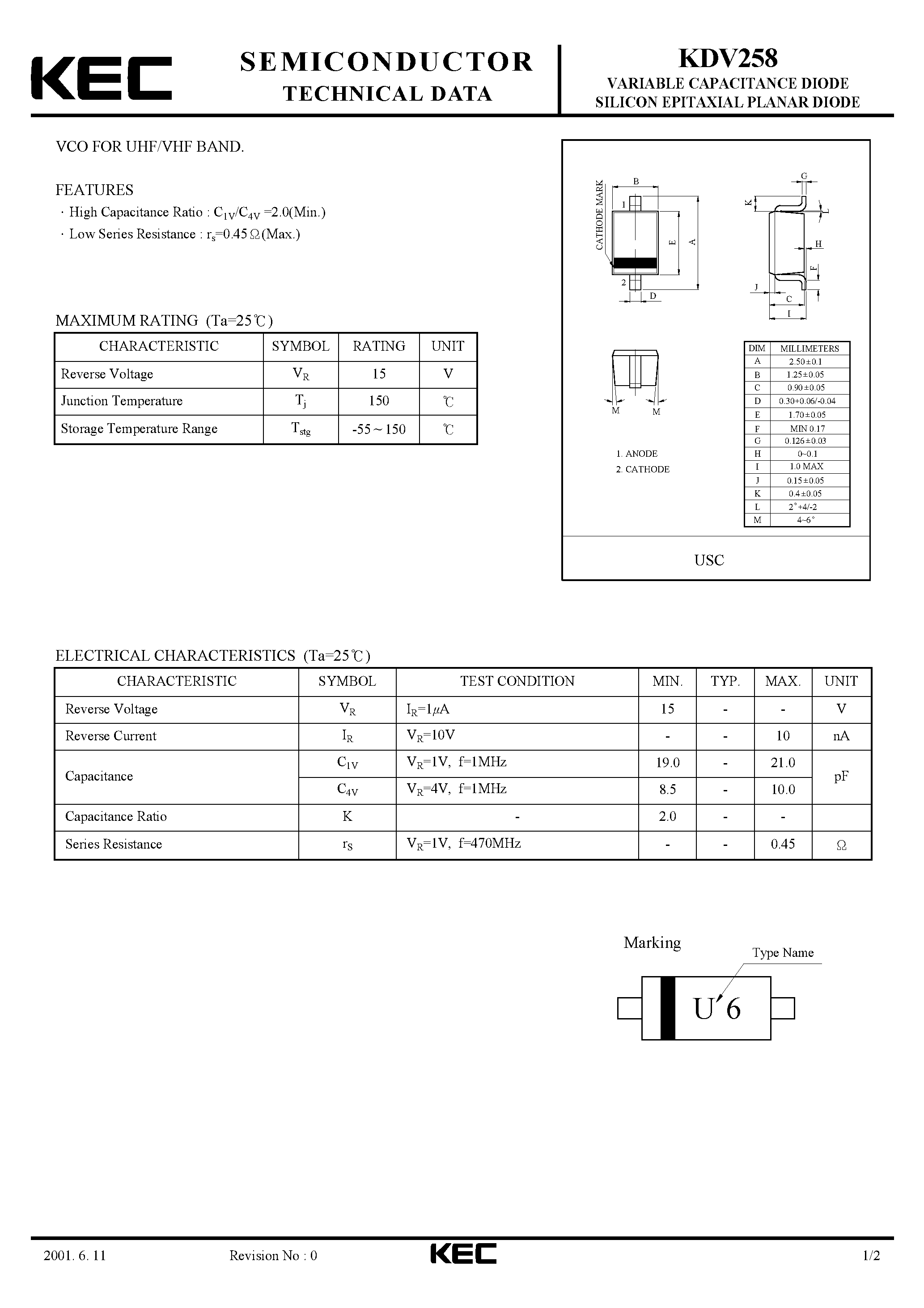 Datasheet KDV258 - VARIABLE CAPACITANCE DIODE SILICON EPITAXIAL PLANAR DIODE(VCO FOR UHF/VHF BAND) page 1