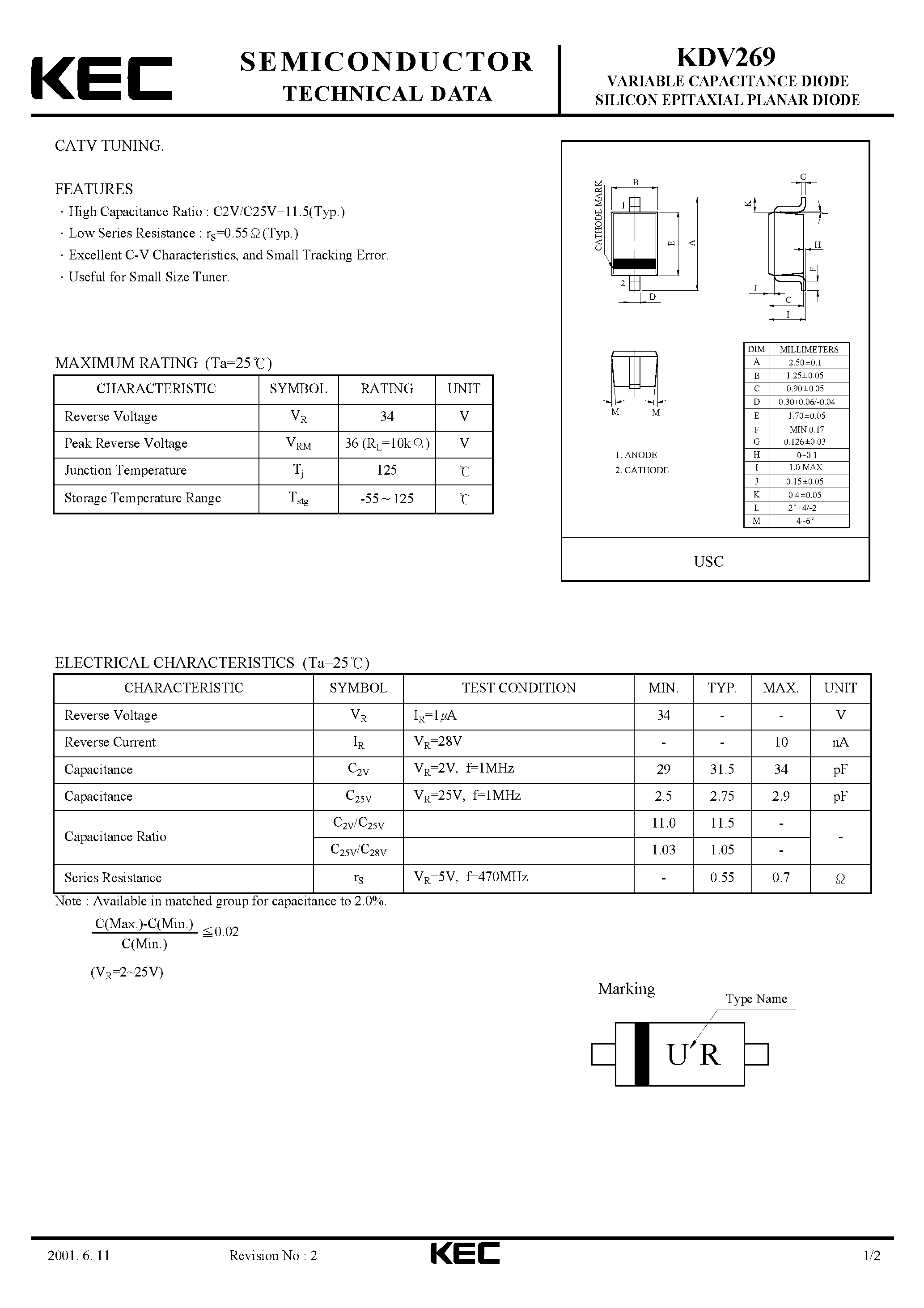 Даташит KDV269 - VARIABLE CAPACITANCE DIODE SILICON EPITAXIAL PLANAR DIODE(CATV TUNING) страница 1