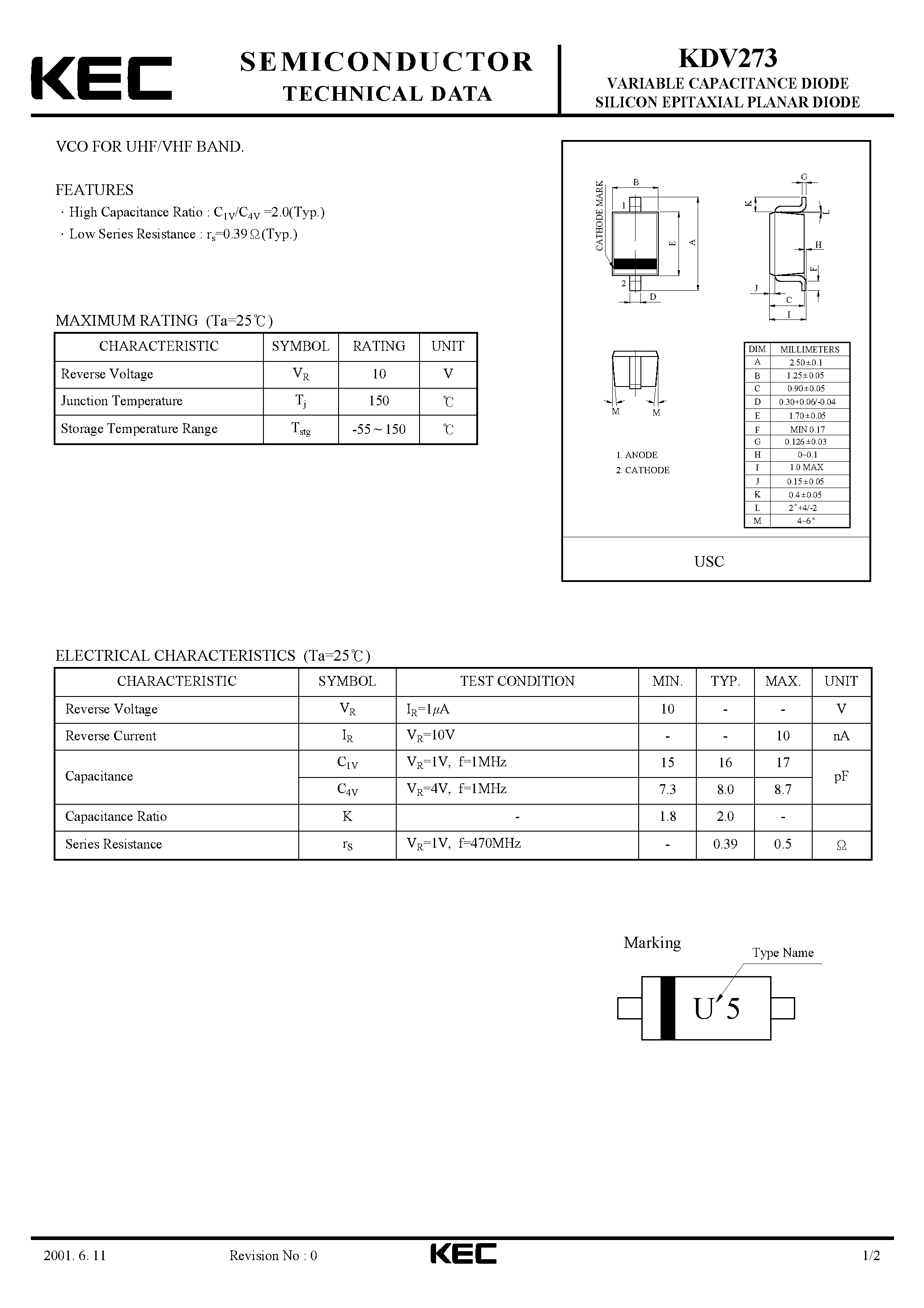 Datasheet KDV273 - VARIABLE CAPACITANCE DIODE SILICON EPITAXIAL PLANAR DIODE(VCO FOR UHF/VHF BAND) page 1