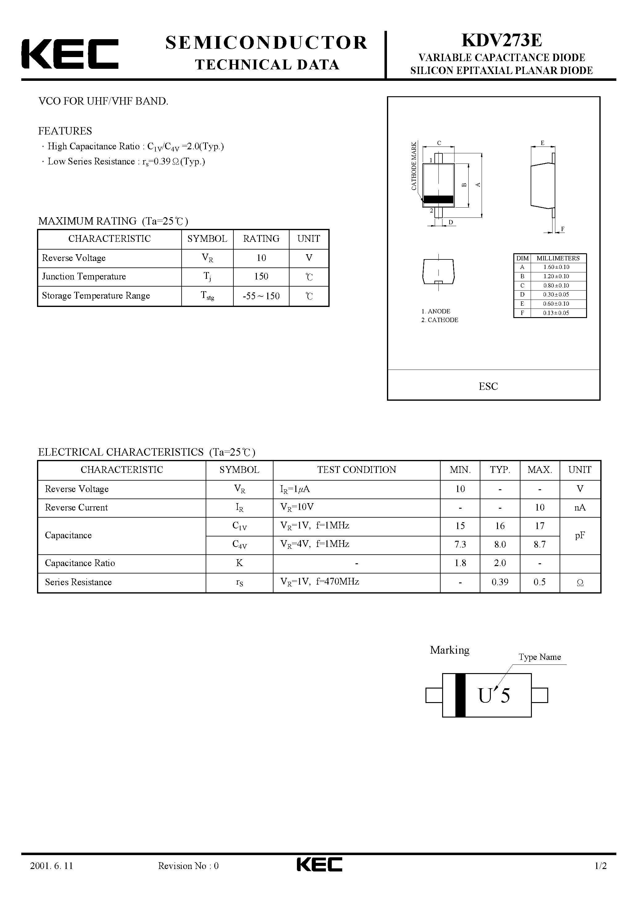 Datasheet KDV273E - VARIABLE CAPACITANCE DIODE SILICON EPITAXIAL PLANAR DIODE(VCO FOR UHF/VHF BAND) page 1