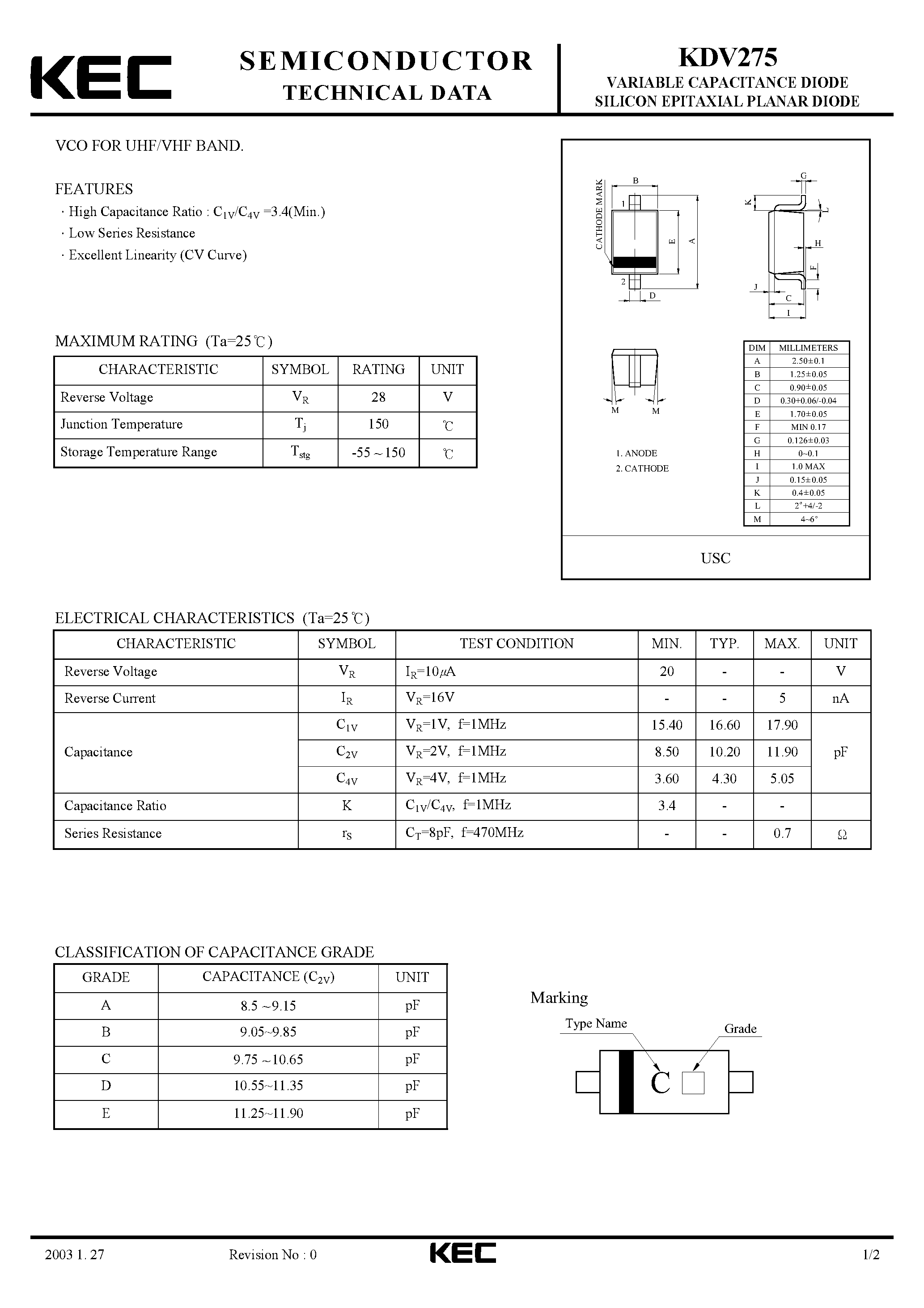 Datasheet KDV275 - VARIABLE CAPACITANCE DIODE SILICON EPITAXIAL PLANAR DIODE(VCO FOR UHF/VHF BAND) page 1