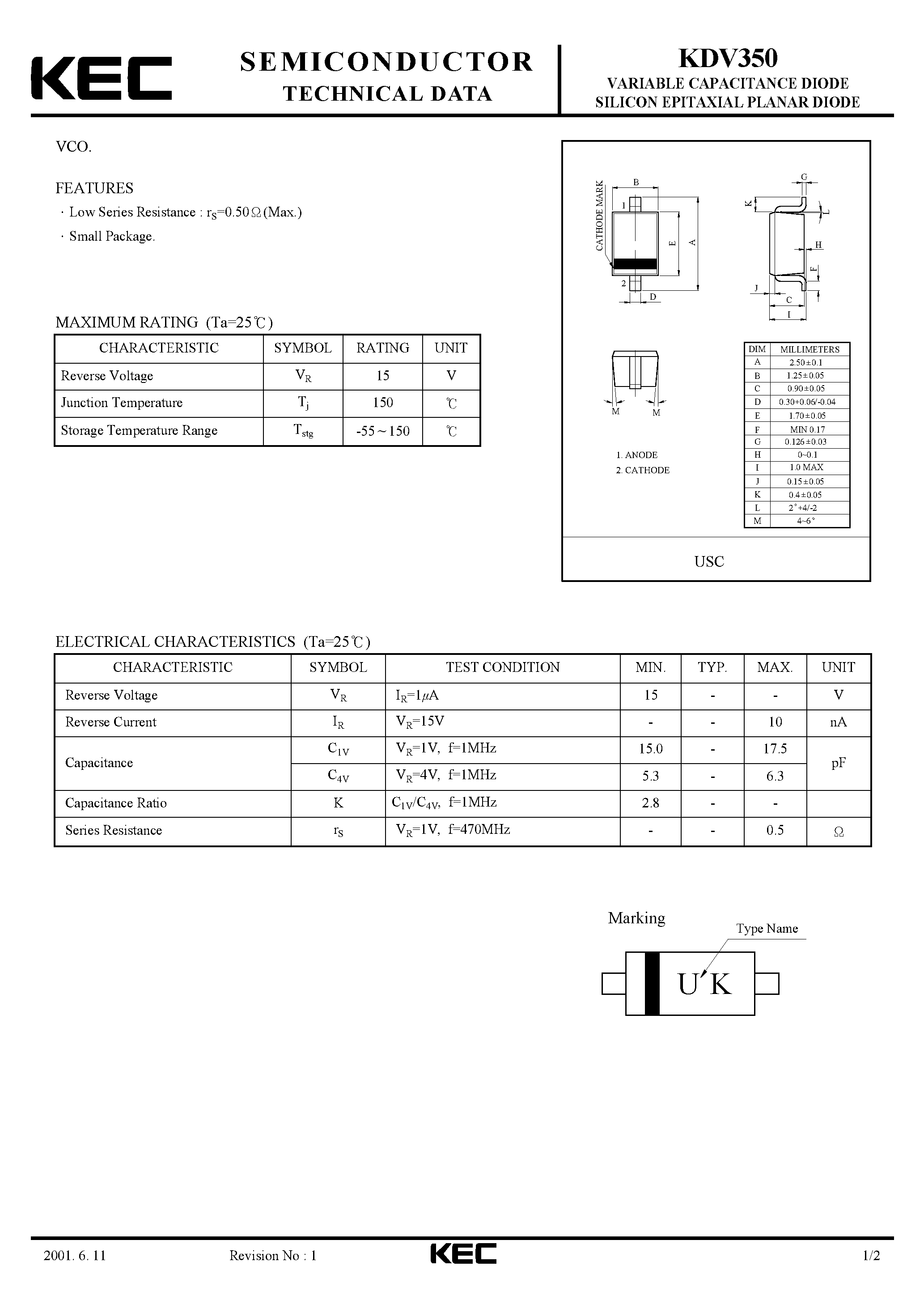 Даташит KDV350 - VARIABLE CAPACITANCE DIODE SILICON EPITAXIAL PLANAR DIODE(VCO) страница 1