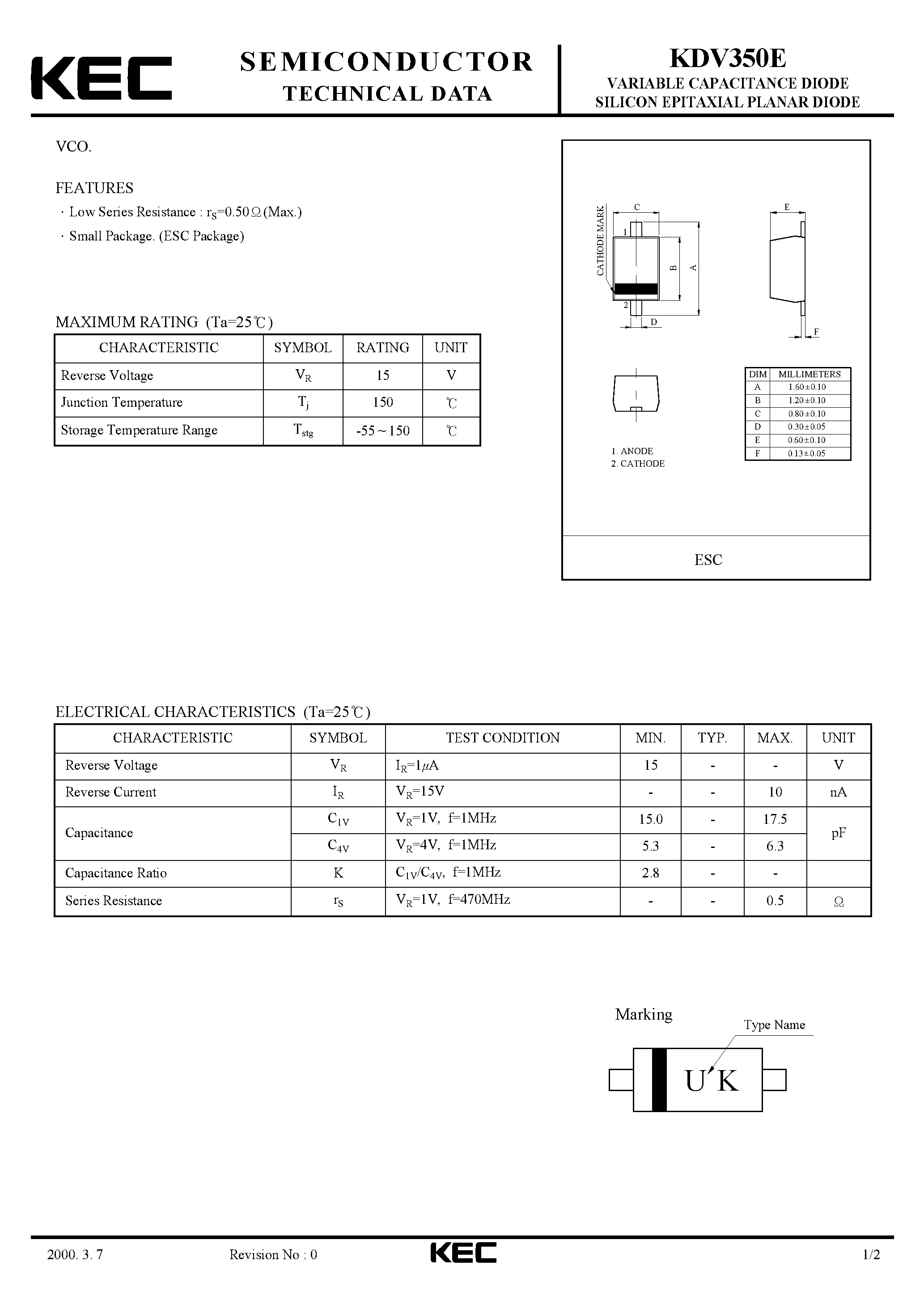 Datasheet KDV350E - VARIABLE CAPACITANCE DIODE SILICON EPITAXIAL PLANAR DIODE(VCO) page 1