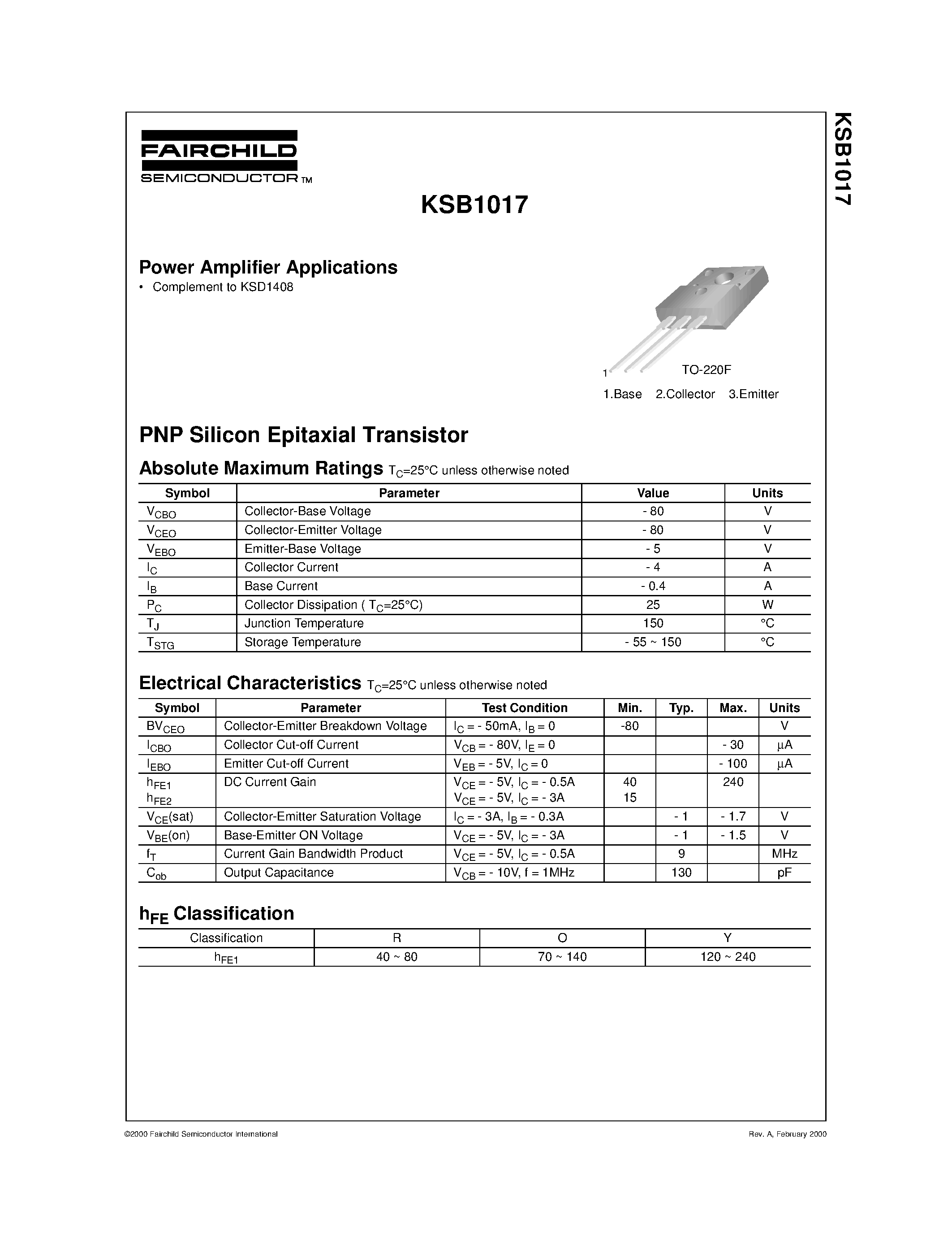 Даташит KSB1017 - Power Amplifier Applications страница 1