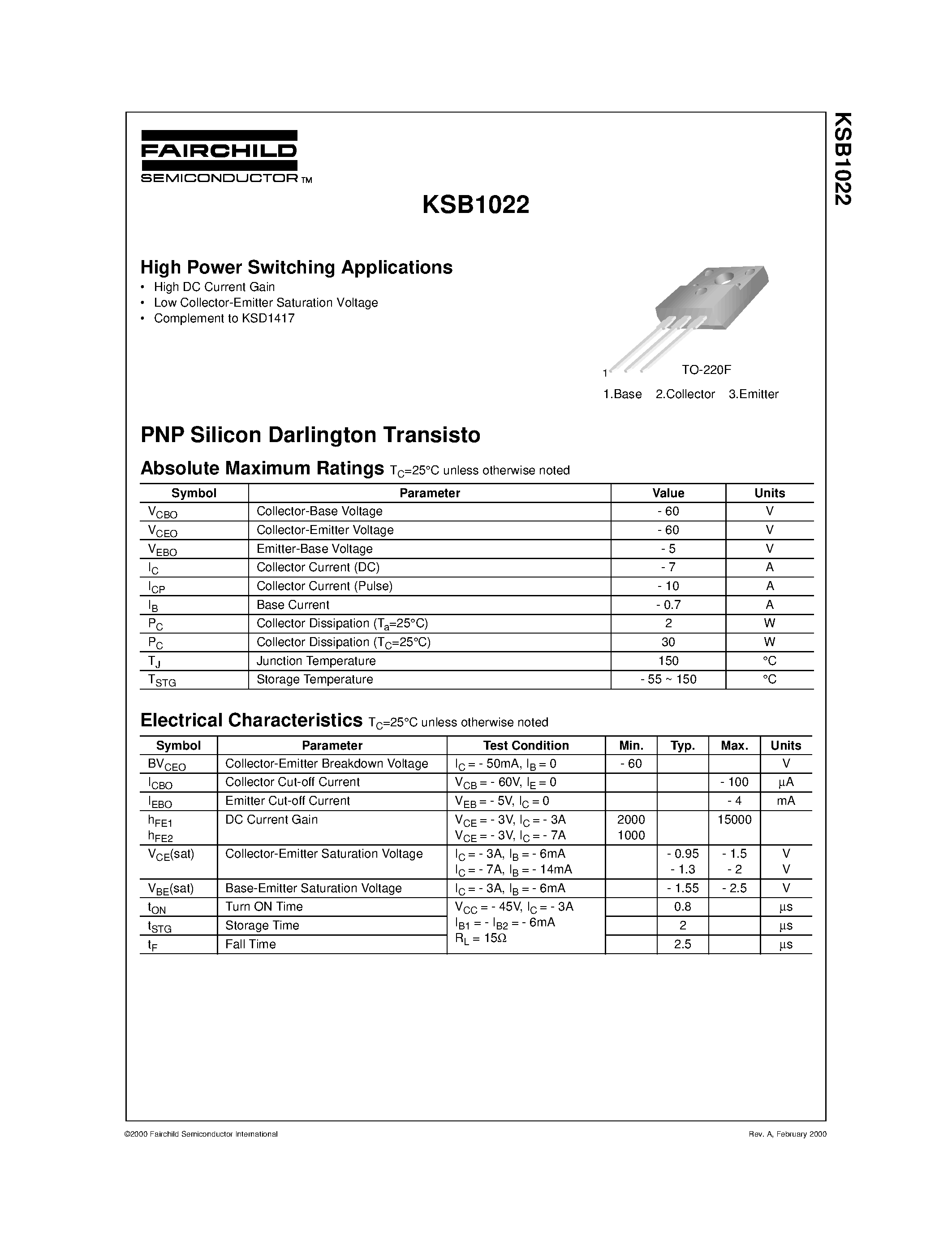 Даташит KSB1022 - High Power Switching Applications страница 1