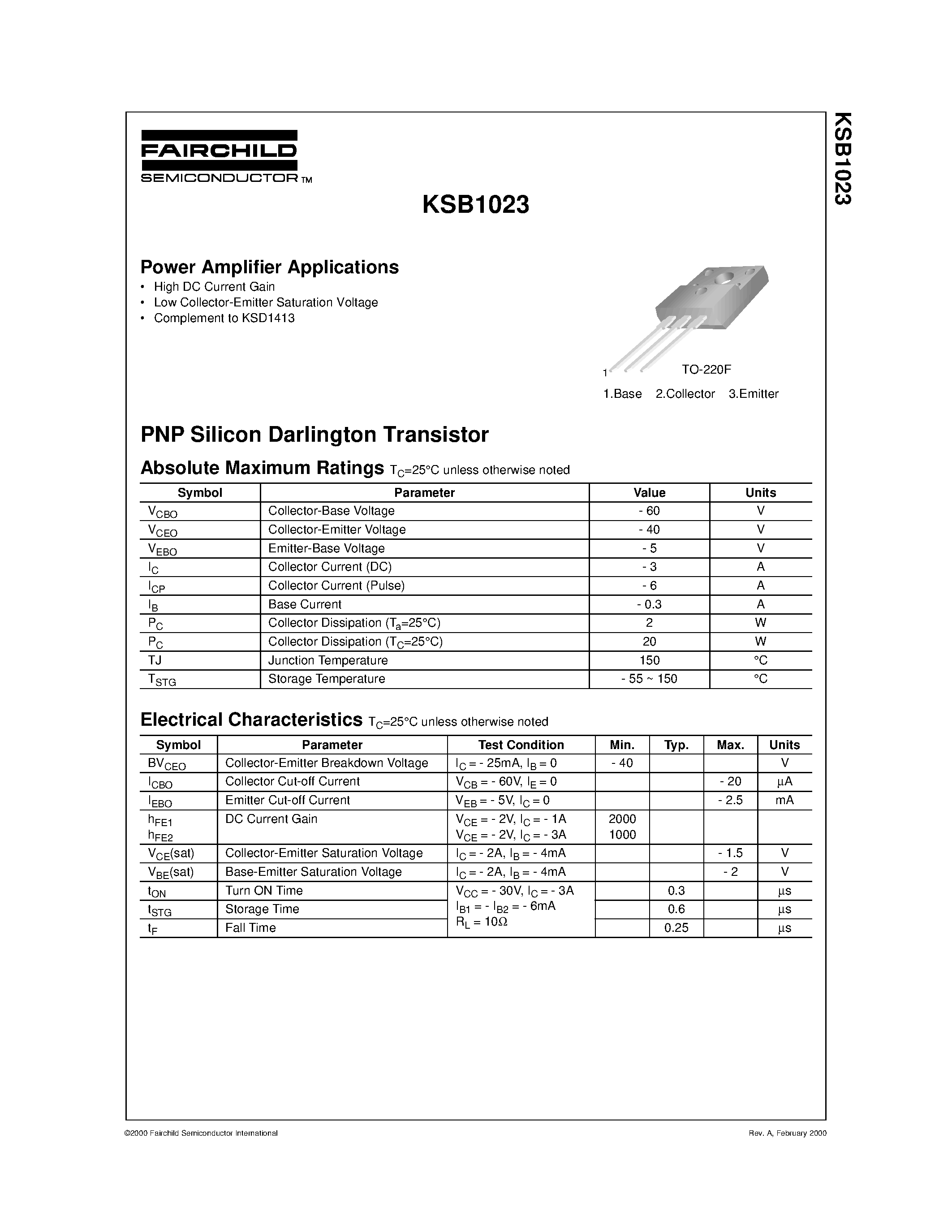 Datasheet KSB1023 - Power Amplifier Applications page 1