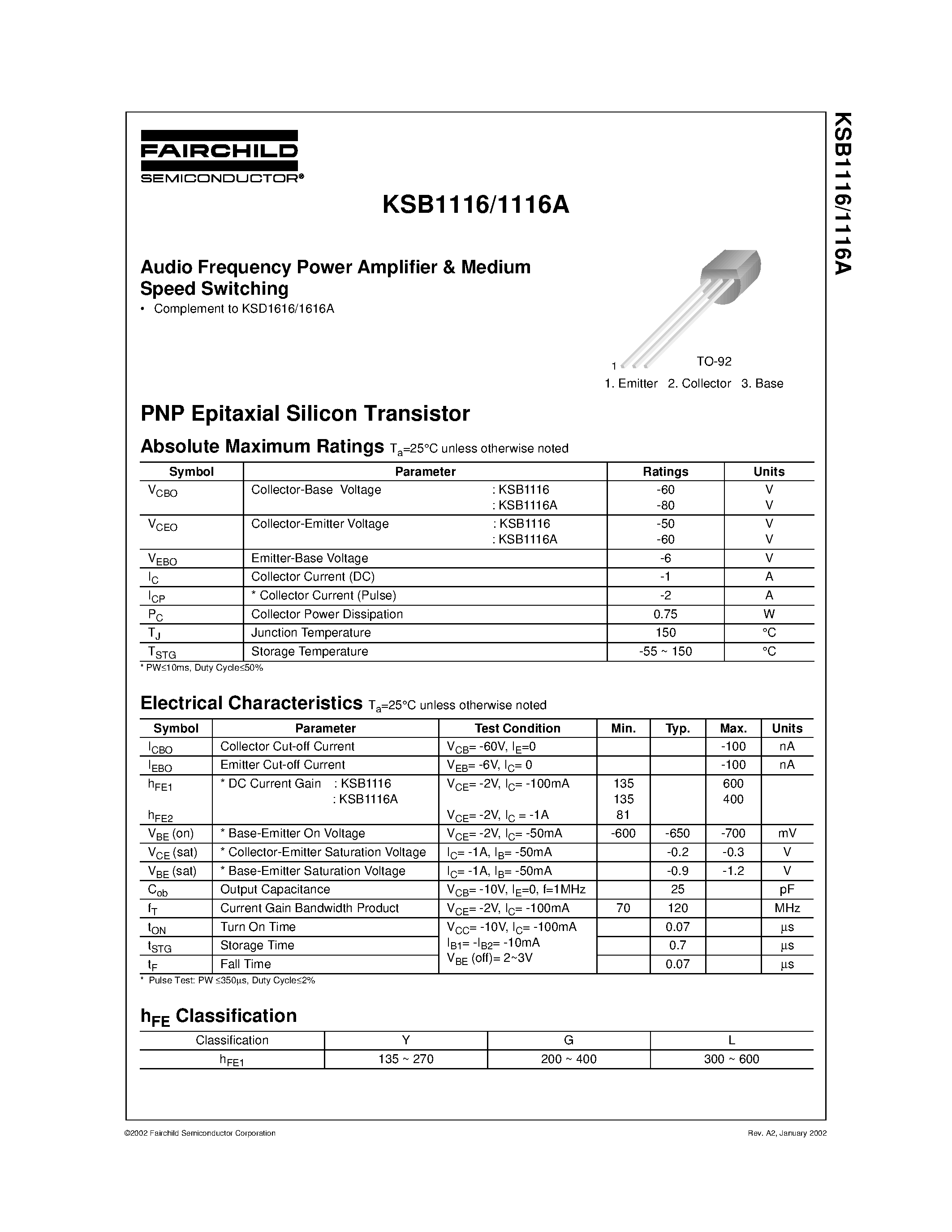 Datasheet KSB1116A - Audio Frequency Power Amplifier & Medium Speed Switching page 1