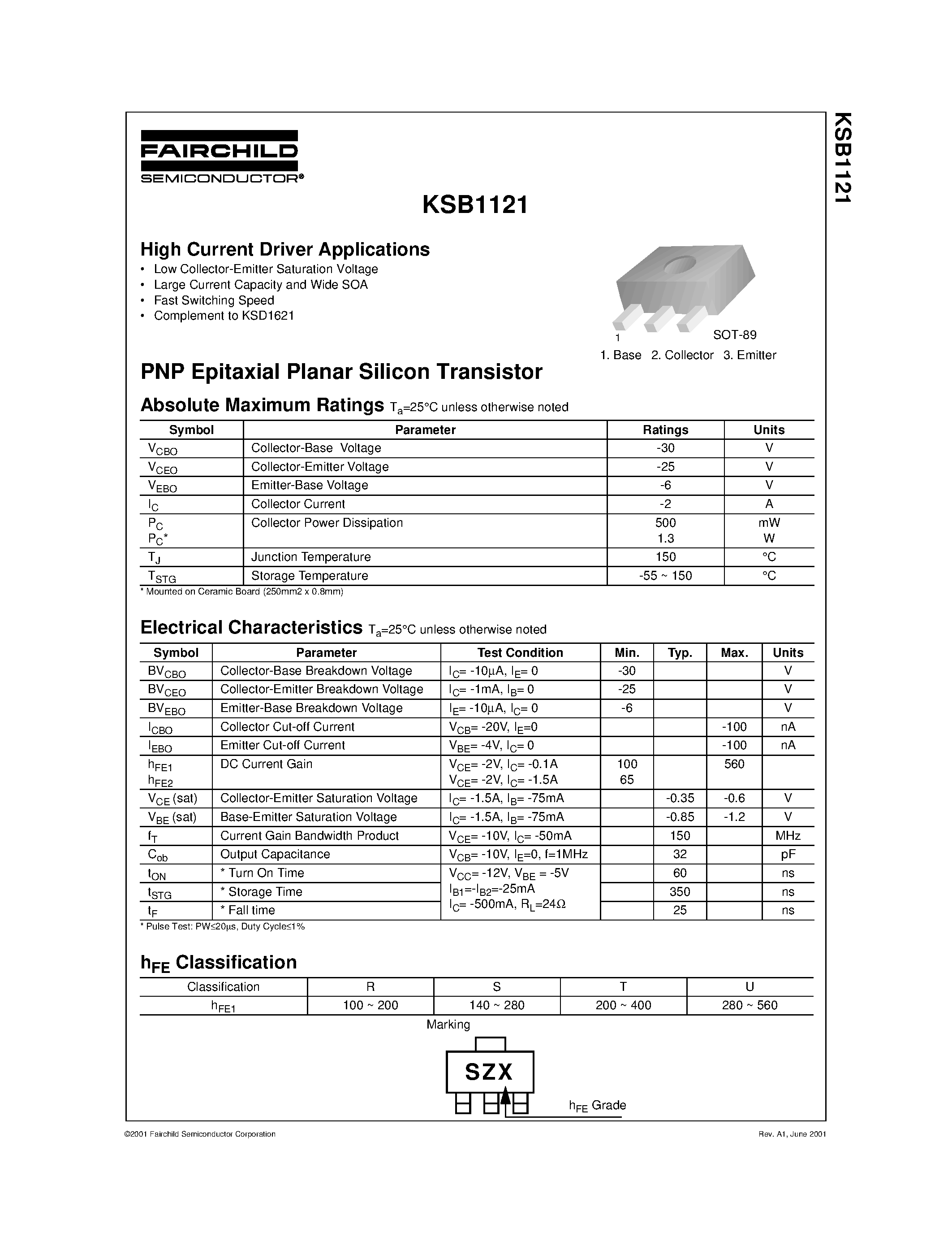 Datasheet KSB1121 - High Current Driver Applications page 1