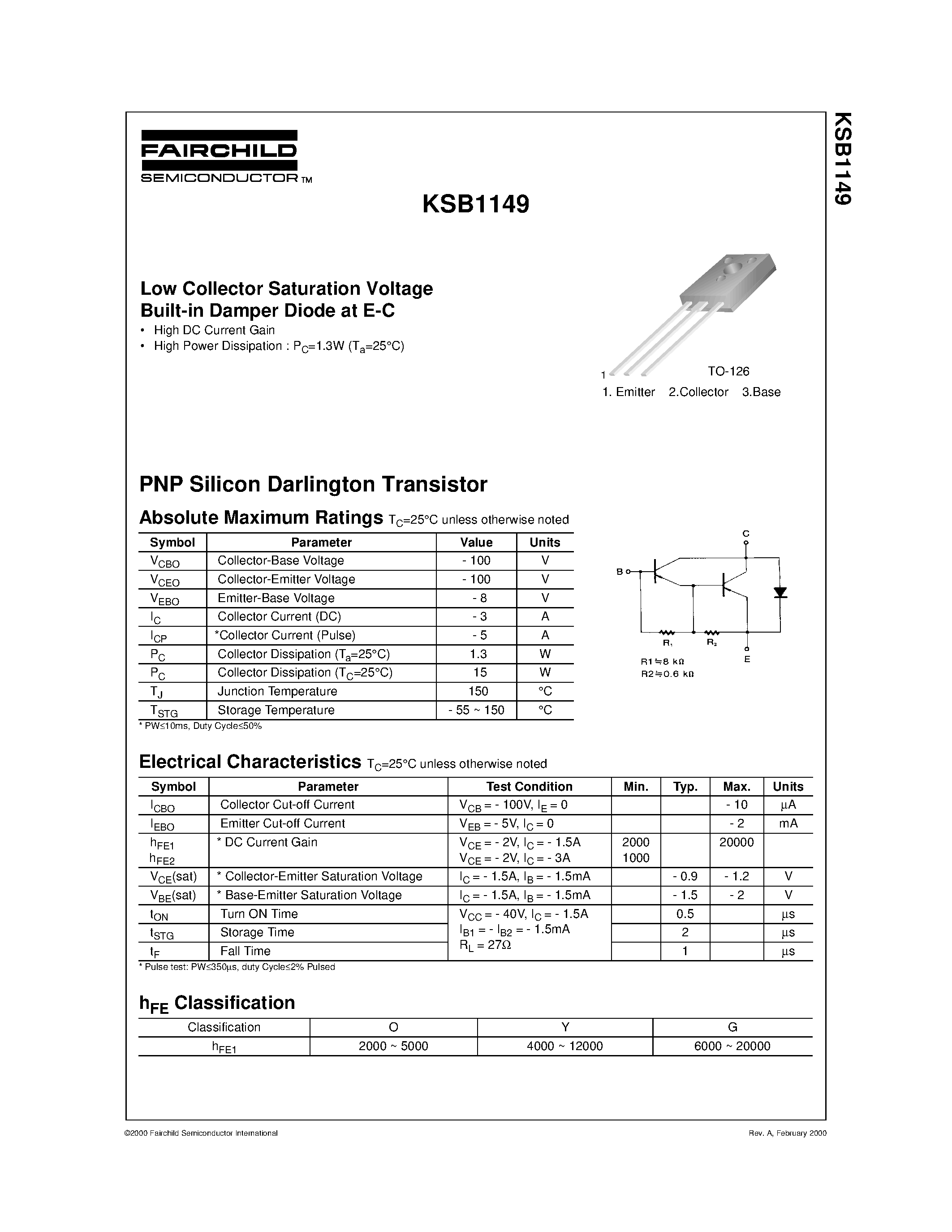 Даташит KSB1149 - Low Collector Saturation Voltage Built-in Damper Diode at E-C страница 1