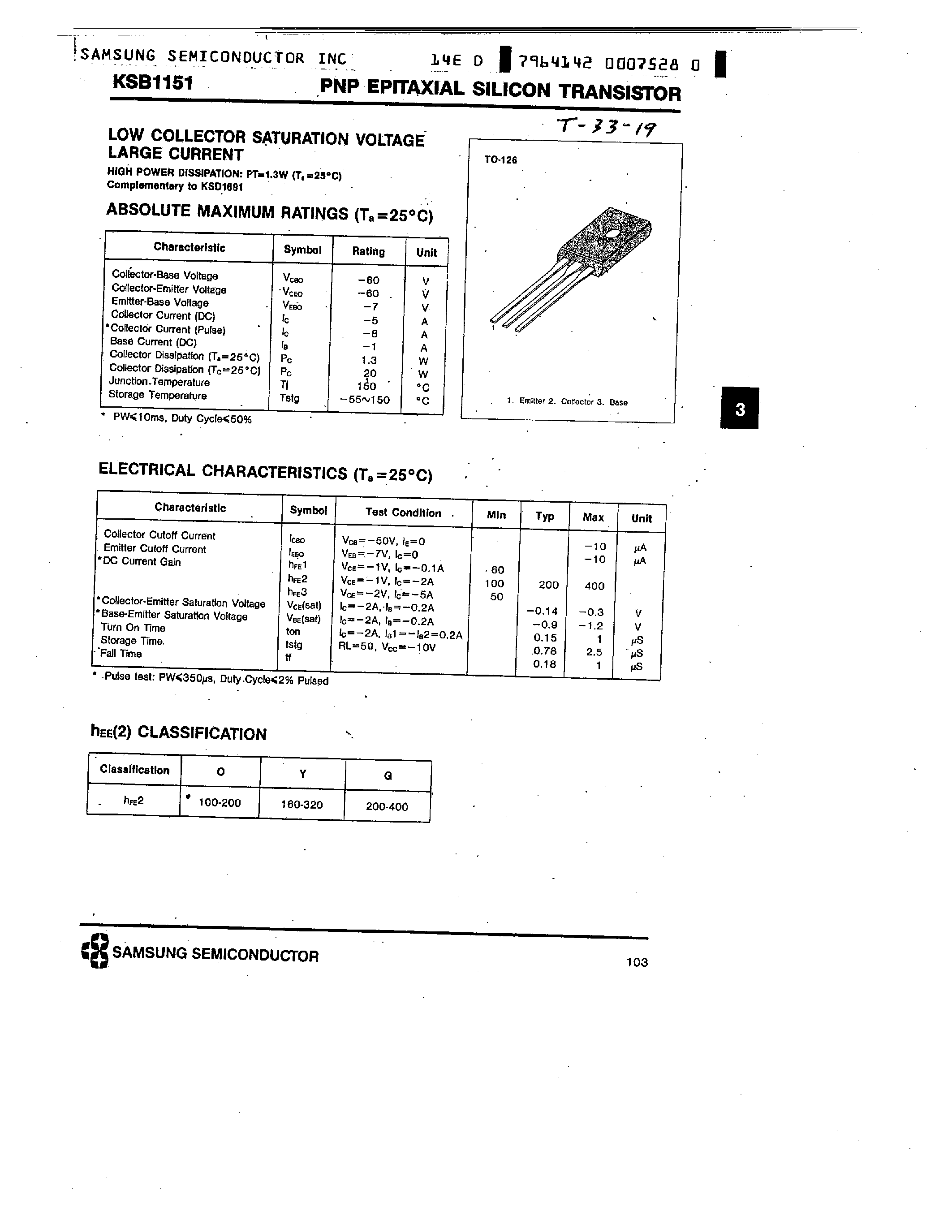 Datasheet KSB1151 - PNP (LOW COLLECTOR SATURATION VOLTAGE LARGE CURRENT) page 1