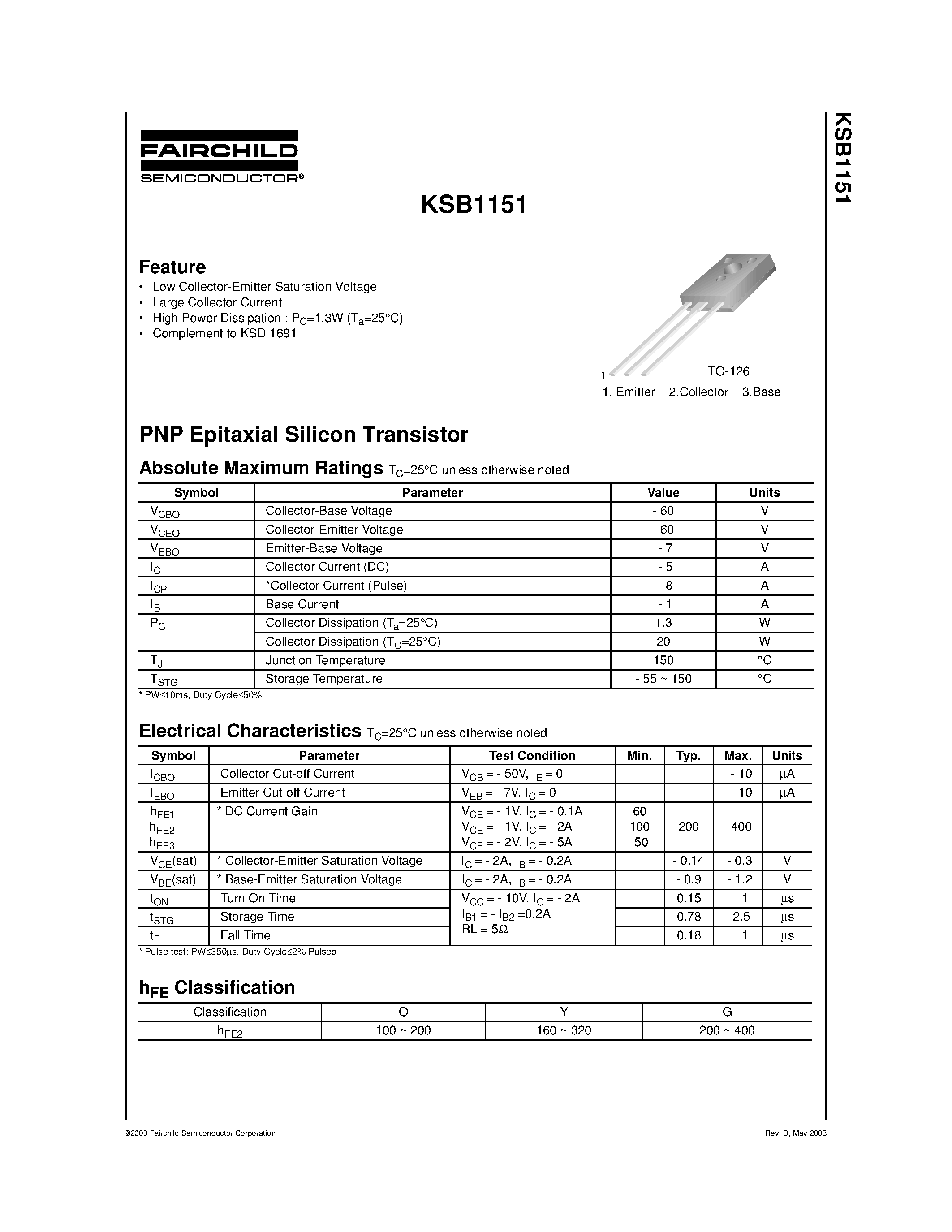 Datasheet KSB1151 - Low Collector-Emitter Saturation Voltage Large Collector Current page 1