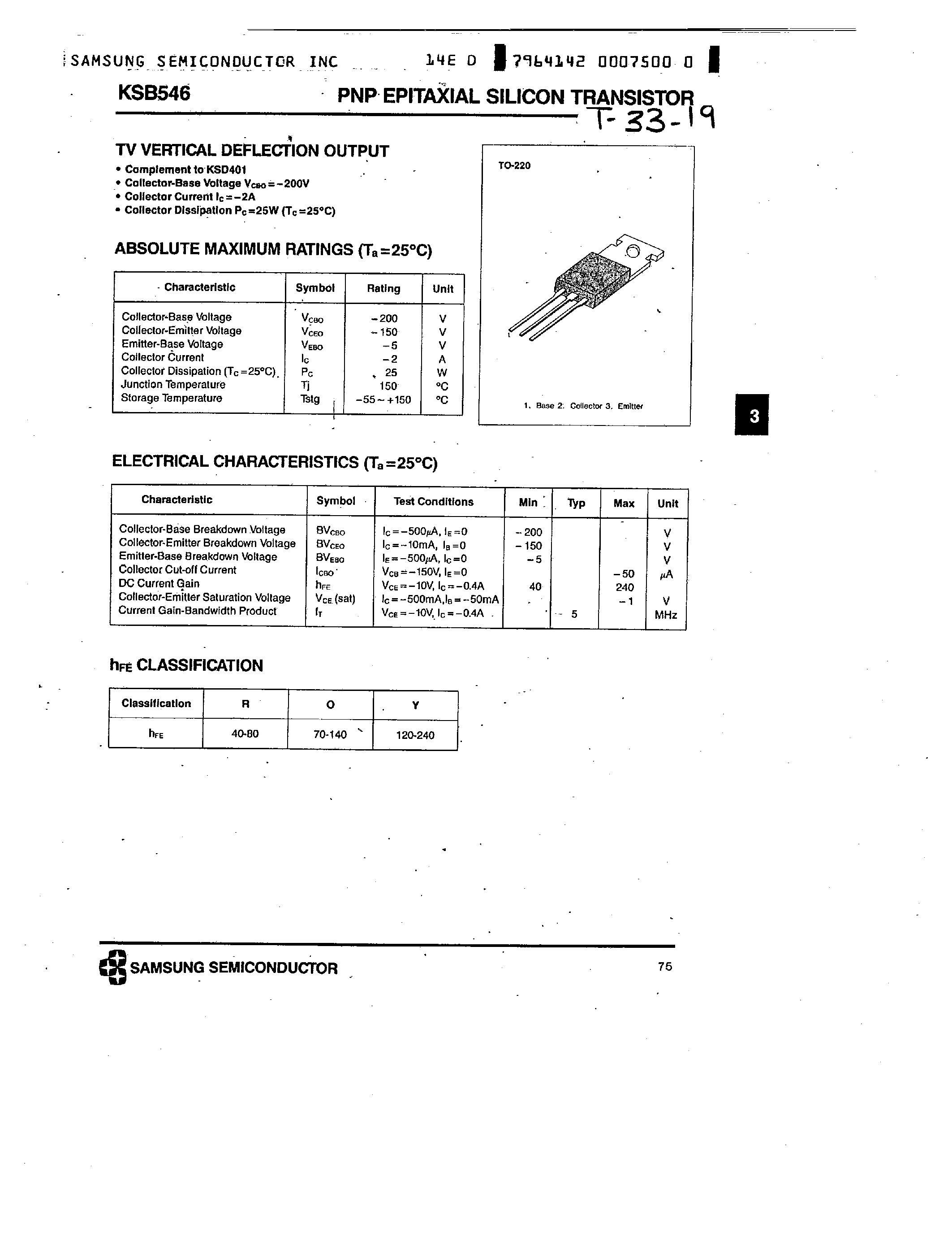 Datasheet KSB546 - PNP (TV VERTICAL DEFLECTION OUTPUT) page 1