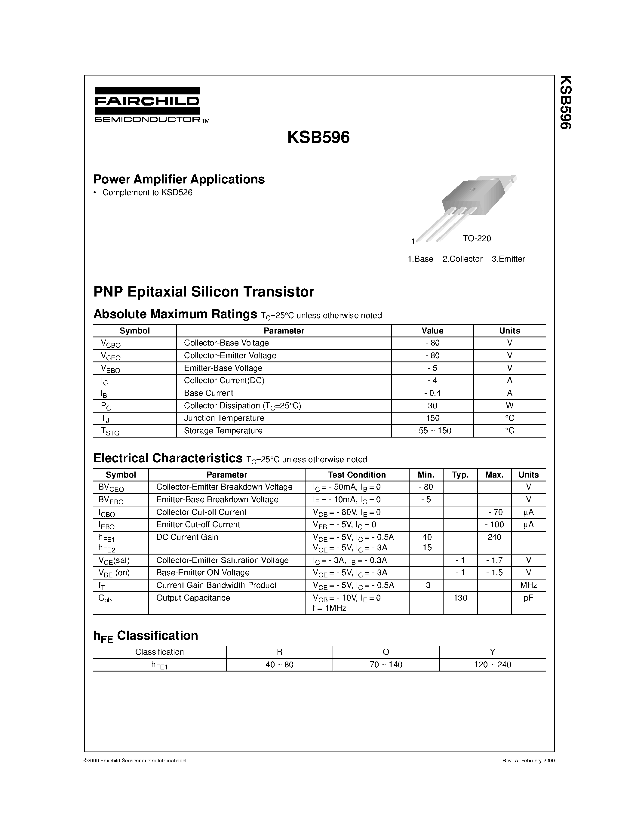 Даташит KSB596 - Power Amplifier Applications страница 1