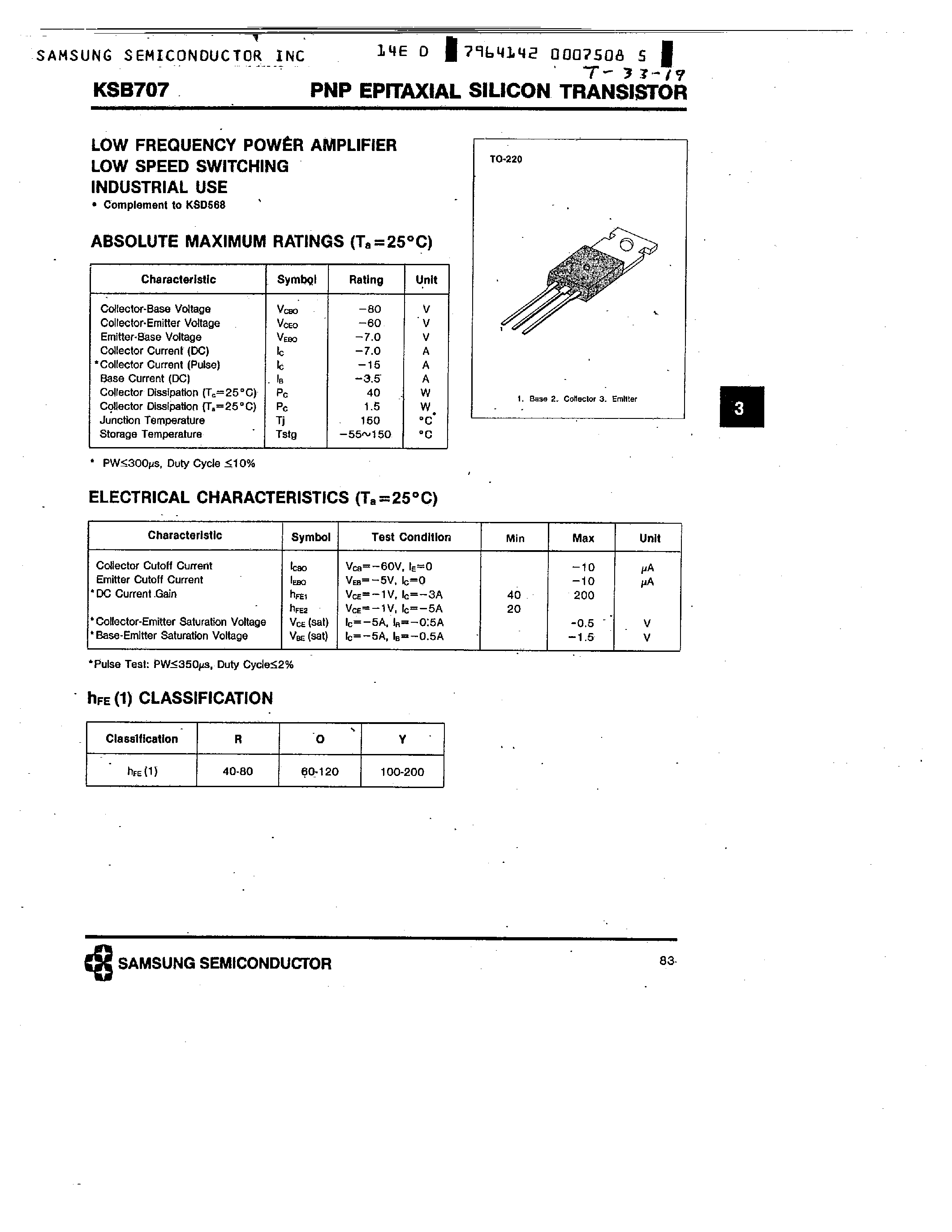 Datasheet KSB707 - PNP (LOW FREQUENCY POWER AMPLIFIER) page 1