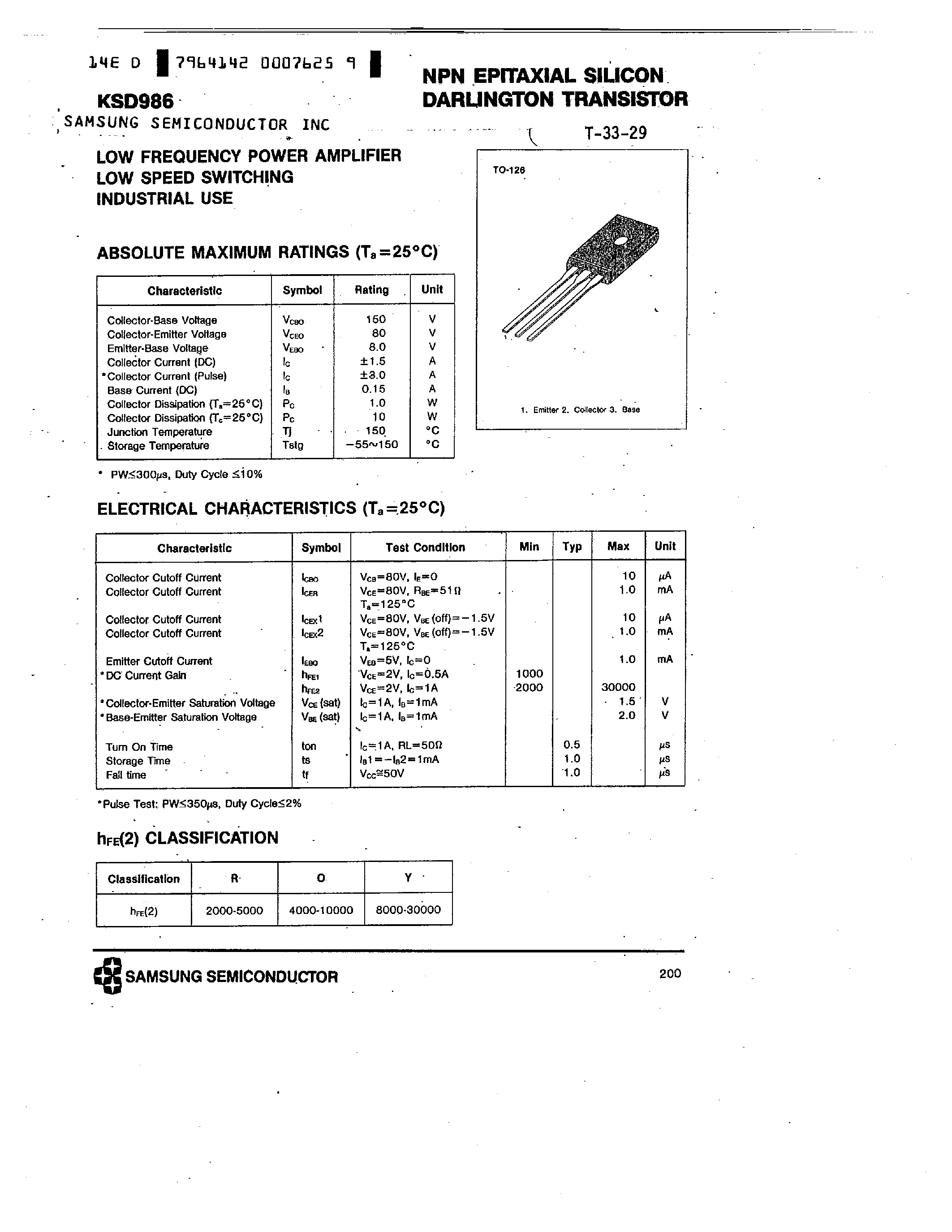 Datasheet KSD986 - NPN (LOW FREQUENCY POWER AMPLIFIER LOW SPEED SWITCHING INDUSTRIAL USE) page 1