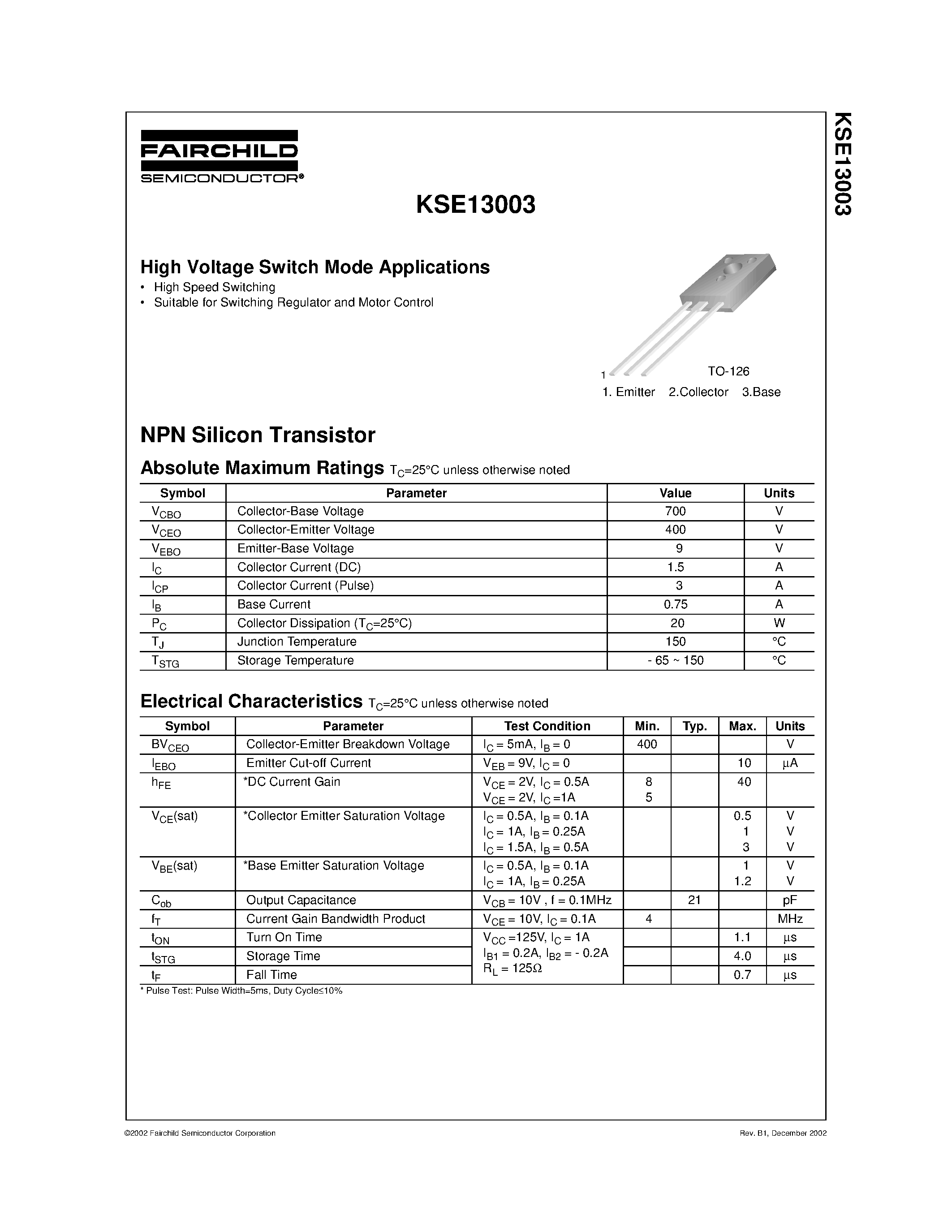 Даташит KSE13003 - High Voltage Switch Mode Applications страница 1