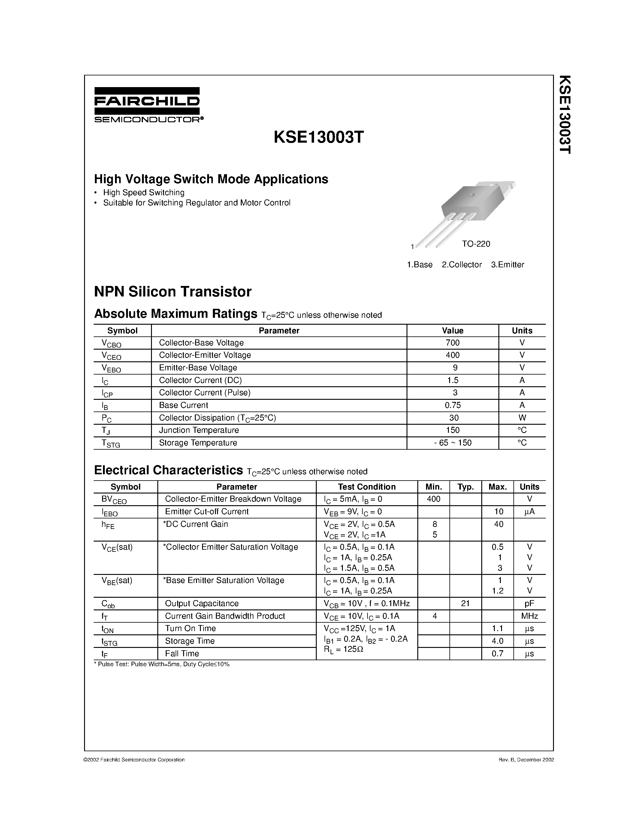 Datasheet KSE13003T - High Voltage Switch Mode Applications page 1