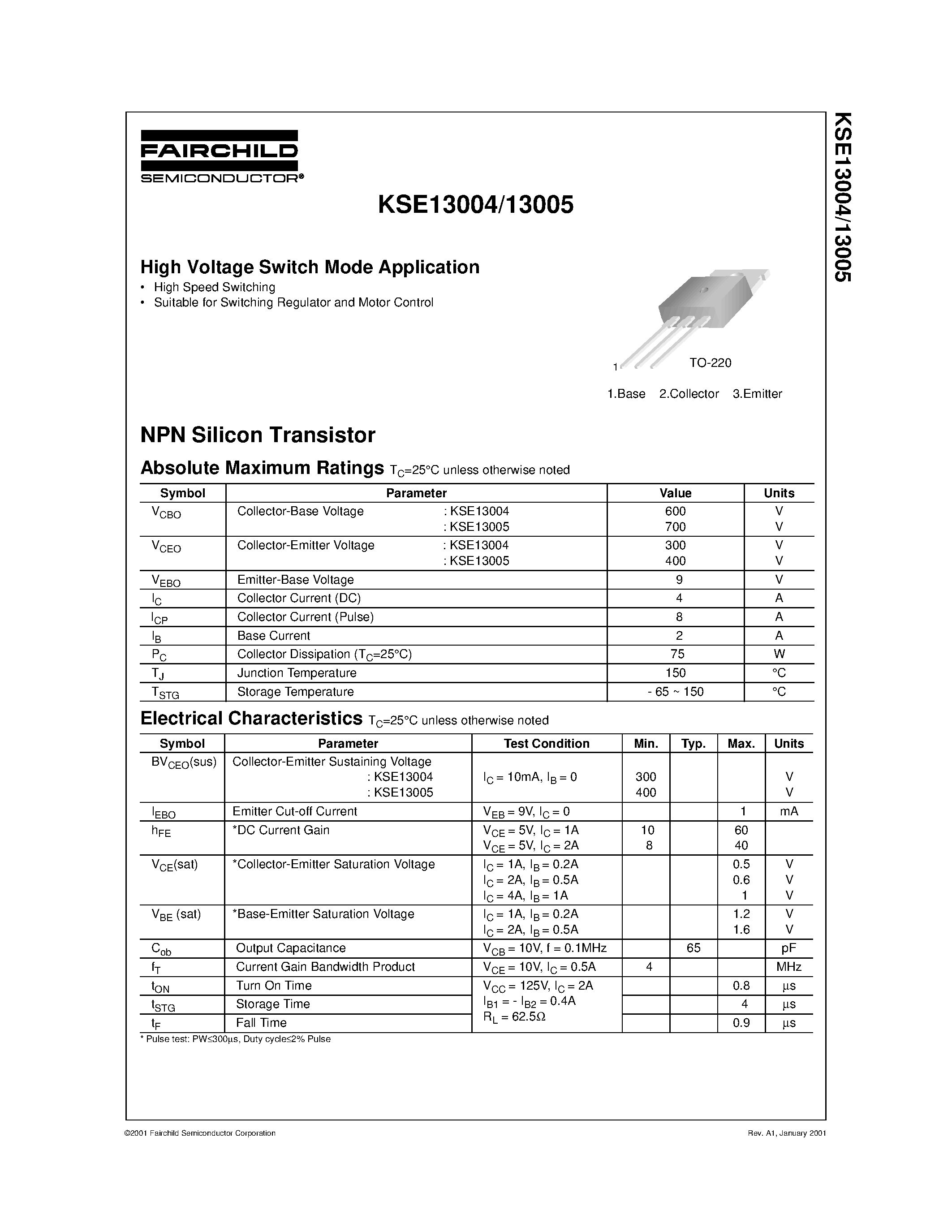 Datasheet KSE13004 - High Voltage Switch Mode Application page 1