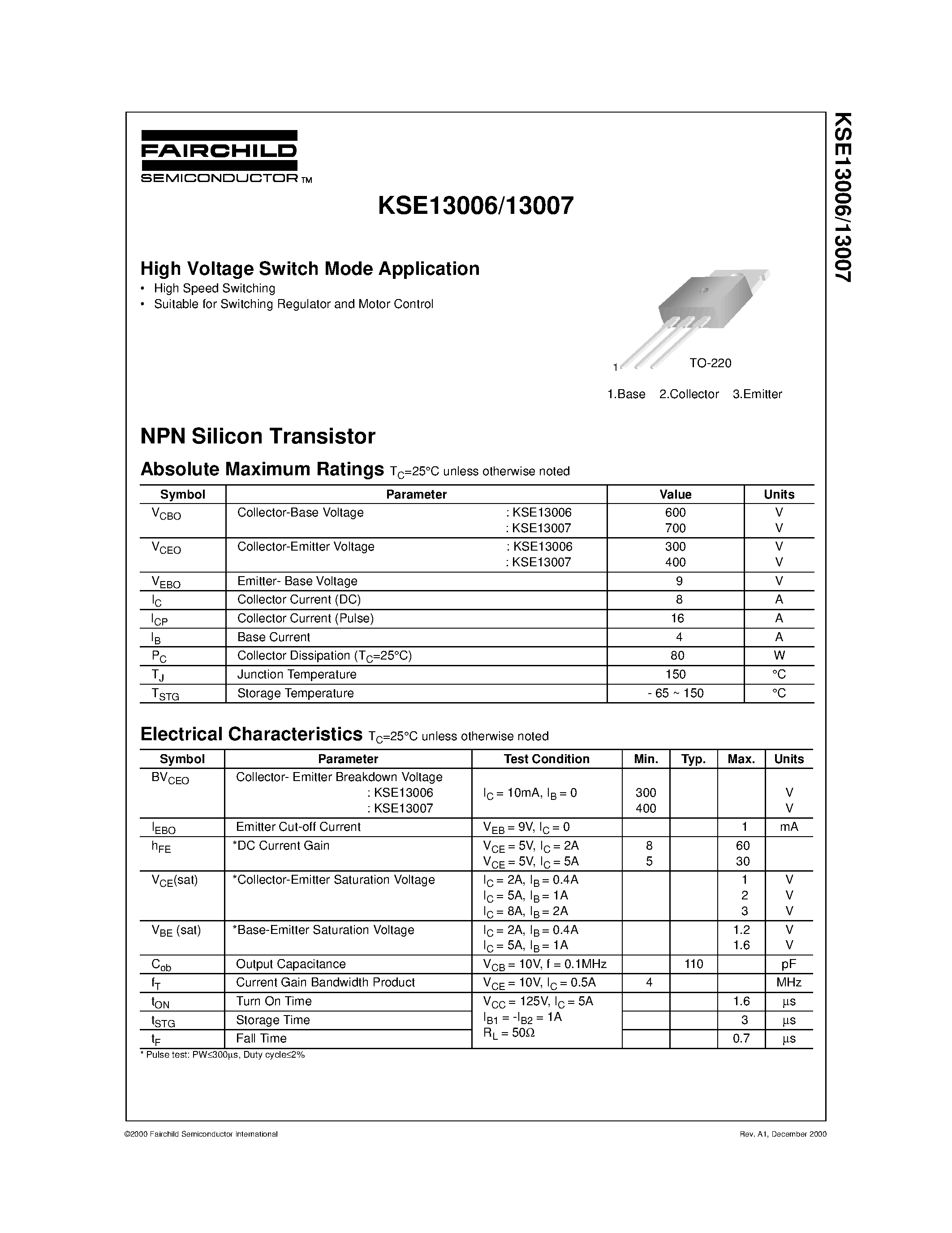 Даташит KSE13007 - High Voltage Switch Mode Application страница 1